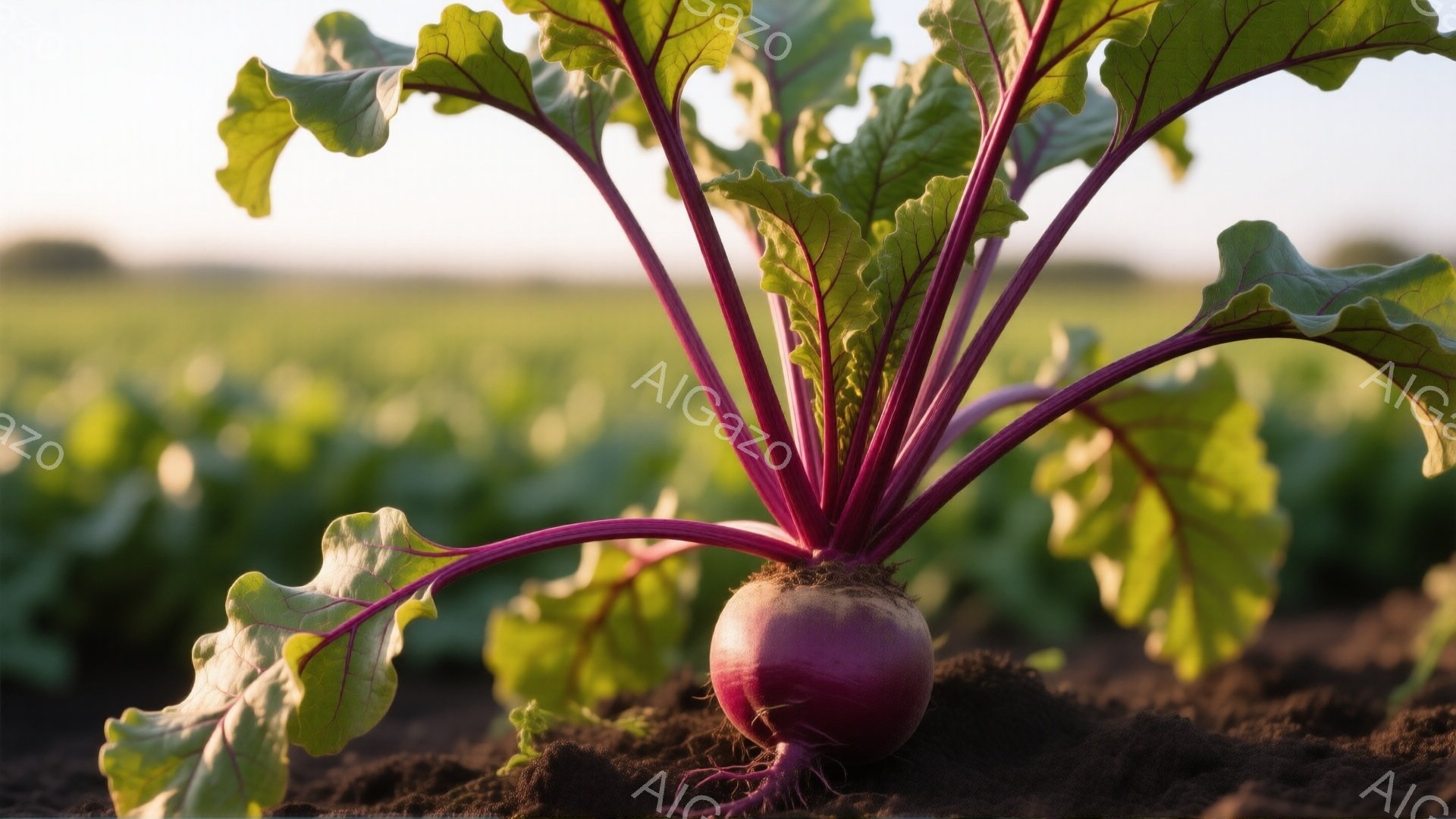 濃い紫色のビーツが土の中から顔を出しており、緑色の葉が放射状に広がっている。背景は土畑で、ぼやけた緑の植物が広がり、穏やかで自然な雰囲気を感じさせる。光が柔らかく差し込み、ビーツの質感が強調されている。