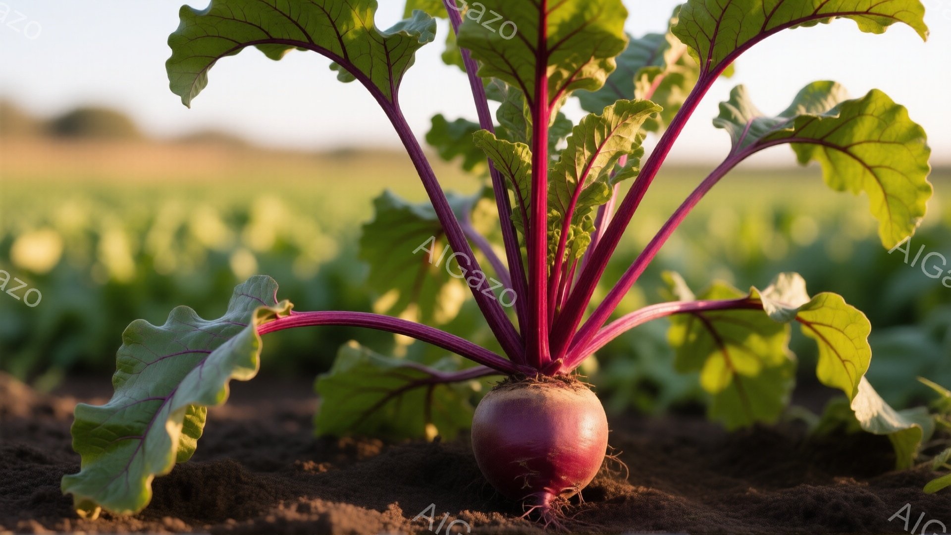 畑の土から顔を出す、鮮やかな赤紫色のビーツが写っている。葉は緑色で大きく広がり、土の茶色と対照的である。背景には、ぼやけた緑色の畑が広がり、穏やかで自然な雰囲気を醸し出している。 - AI生成フリー素材