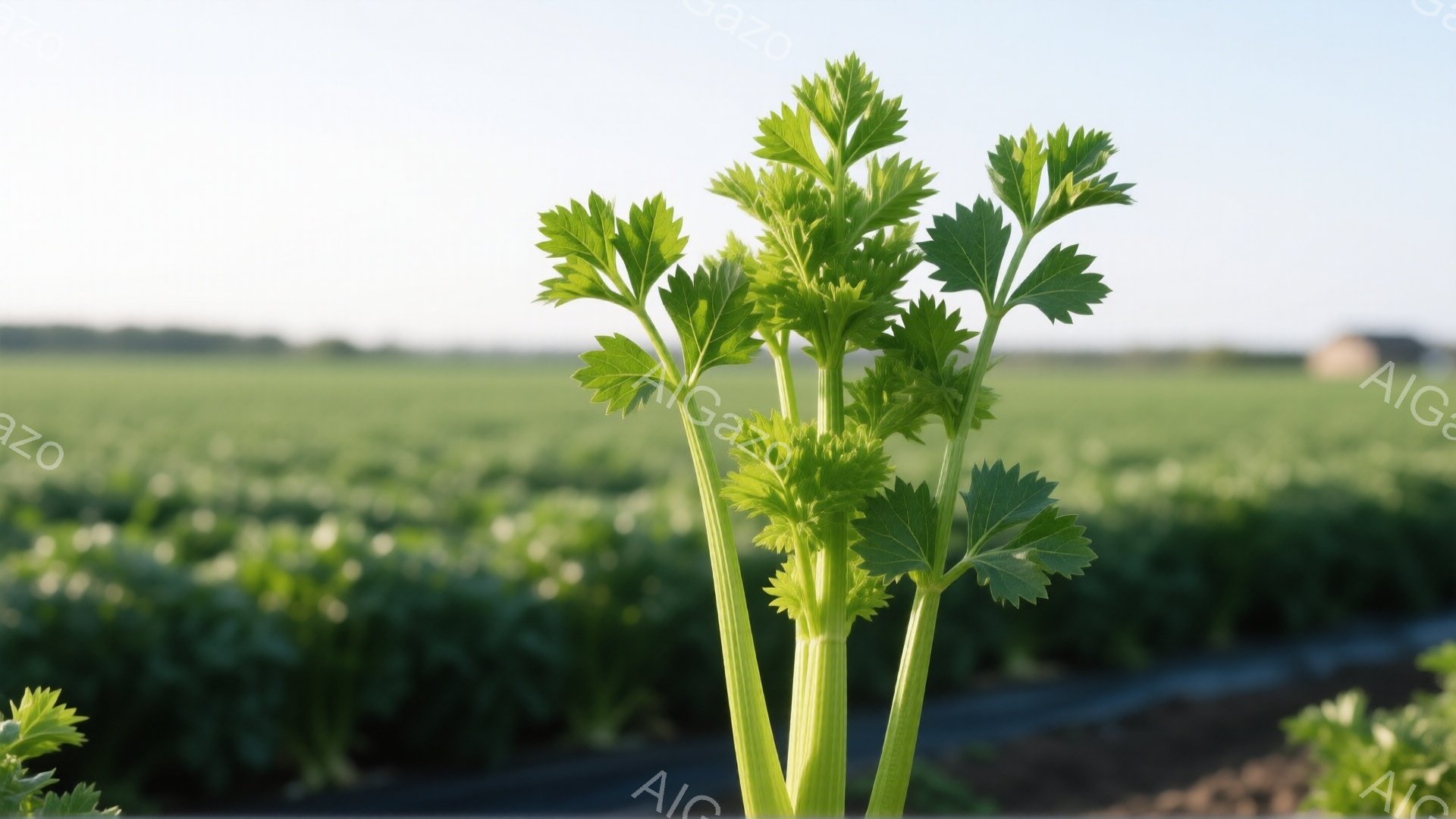鮮やかな緑色のセロリが畑で太陽光を浴びて生い茂っている様子が写っている。背景には、広大な畑が広がり、遠くにはぼんやりと建物が見える穏やかな田園風景だ。全体的に、新鮮さと自然の恵みを感じさせる、明るく爽やかな雰囲気である。