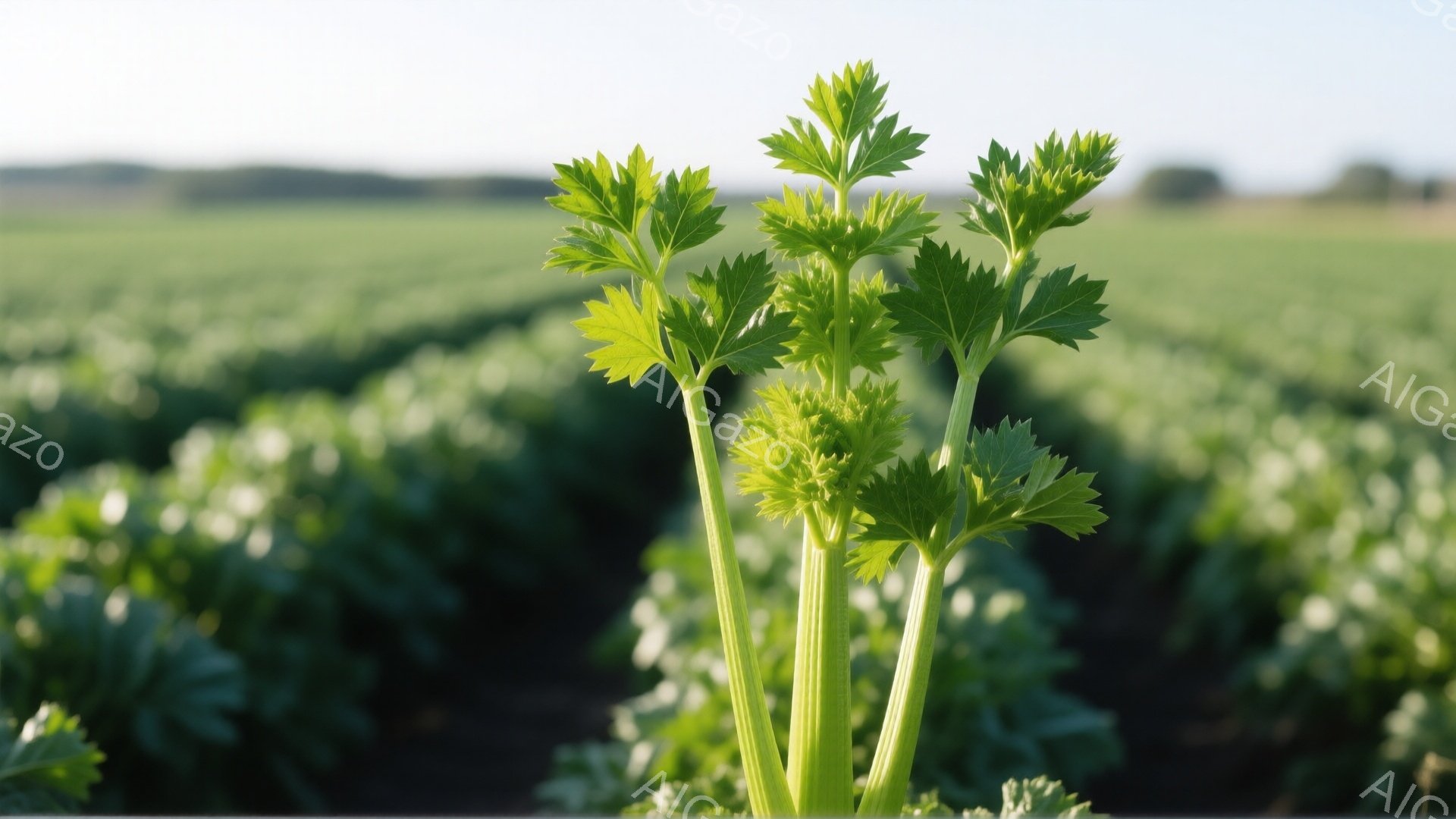 鮮やかな緑色のセロリが畑の中で大きく育っています。背景には、緑豊かな畑が広がり、穏やかな日差しがセロリを照らしています。全体的に、自然の恵みと静かな田園風景が感じられる、穏やかでリラックスした雰囲気です。