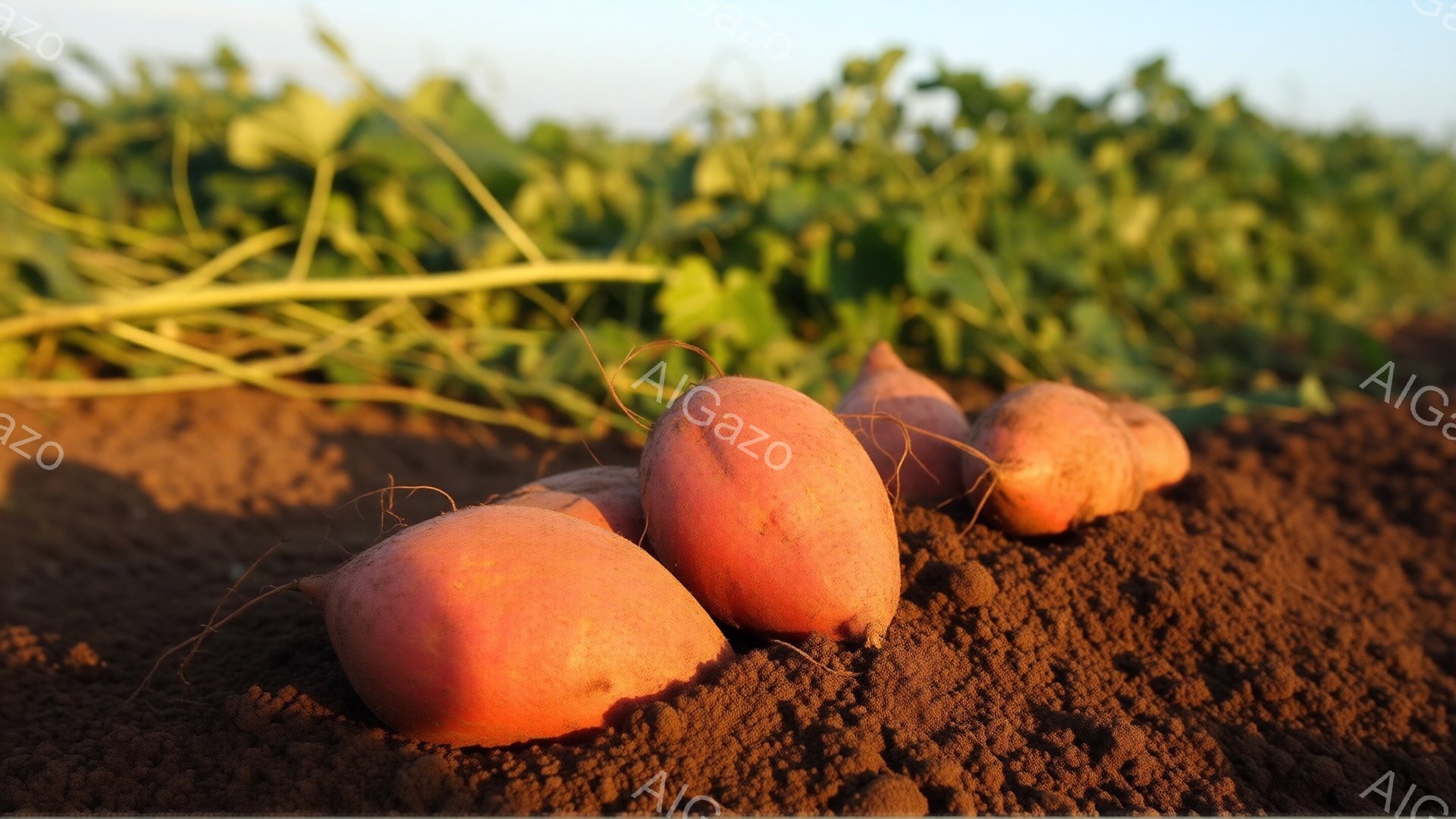 畑の土の上に、数個のサツマイモが横たわっている。土は赤茶色でざらざらしており、背景には緑色のつる植物が広がり、明るい日差しが差し込んでいる。全体的に、収穫の喜びを感じさせる、暖かく穏やかな雰囲気の写真 - AI生成フリー素材