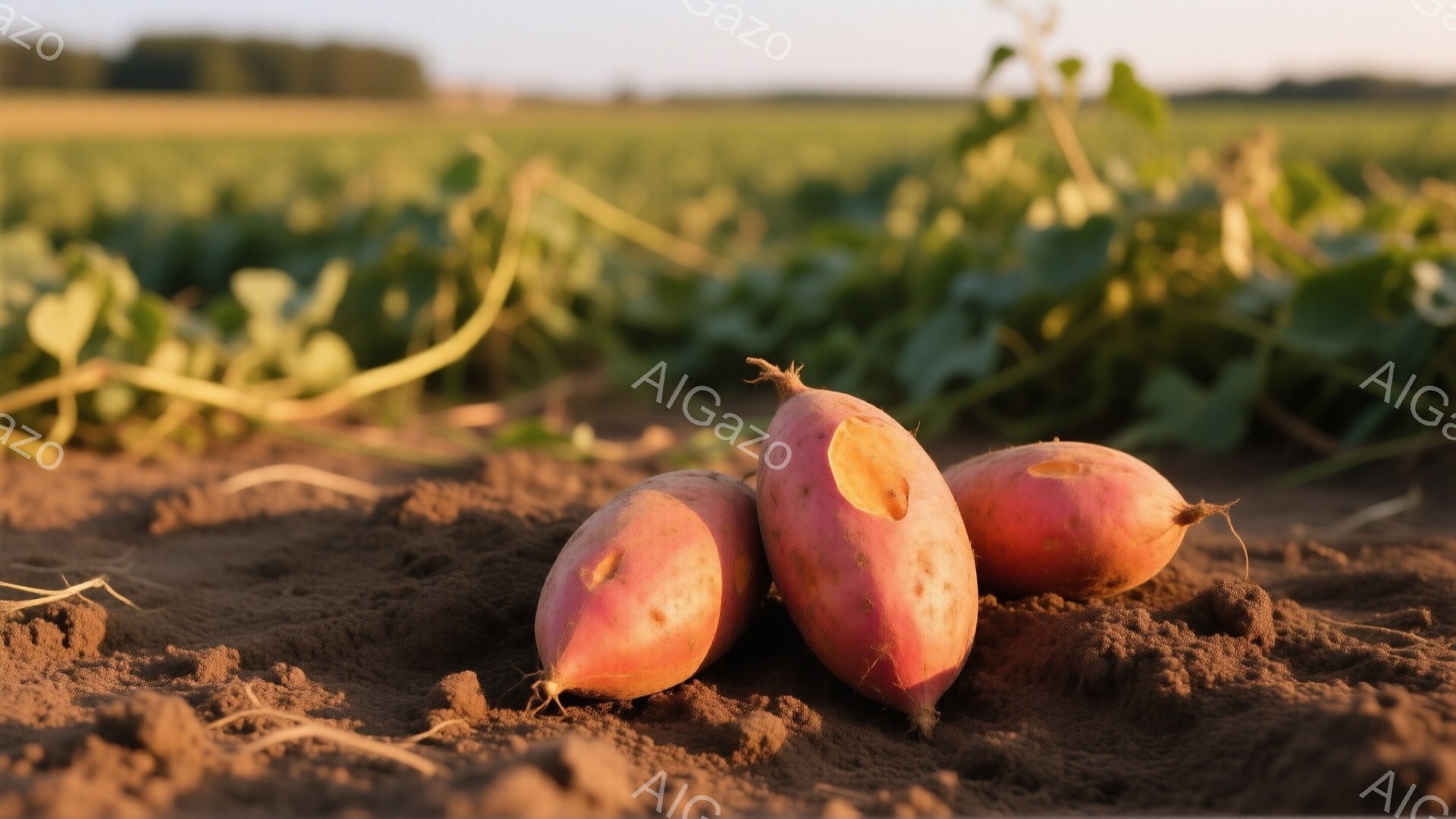 土壌の上に三つのサツマイモが横たわっています。背景には緑色の葉が生い茂り、薄暗い夕暮れ時の田園風景が広がっています。全体的に暖色系の色合いで、収穫の秋の穏やかな雰囲気が感じられます。