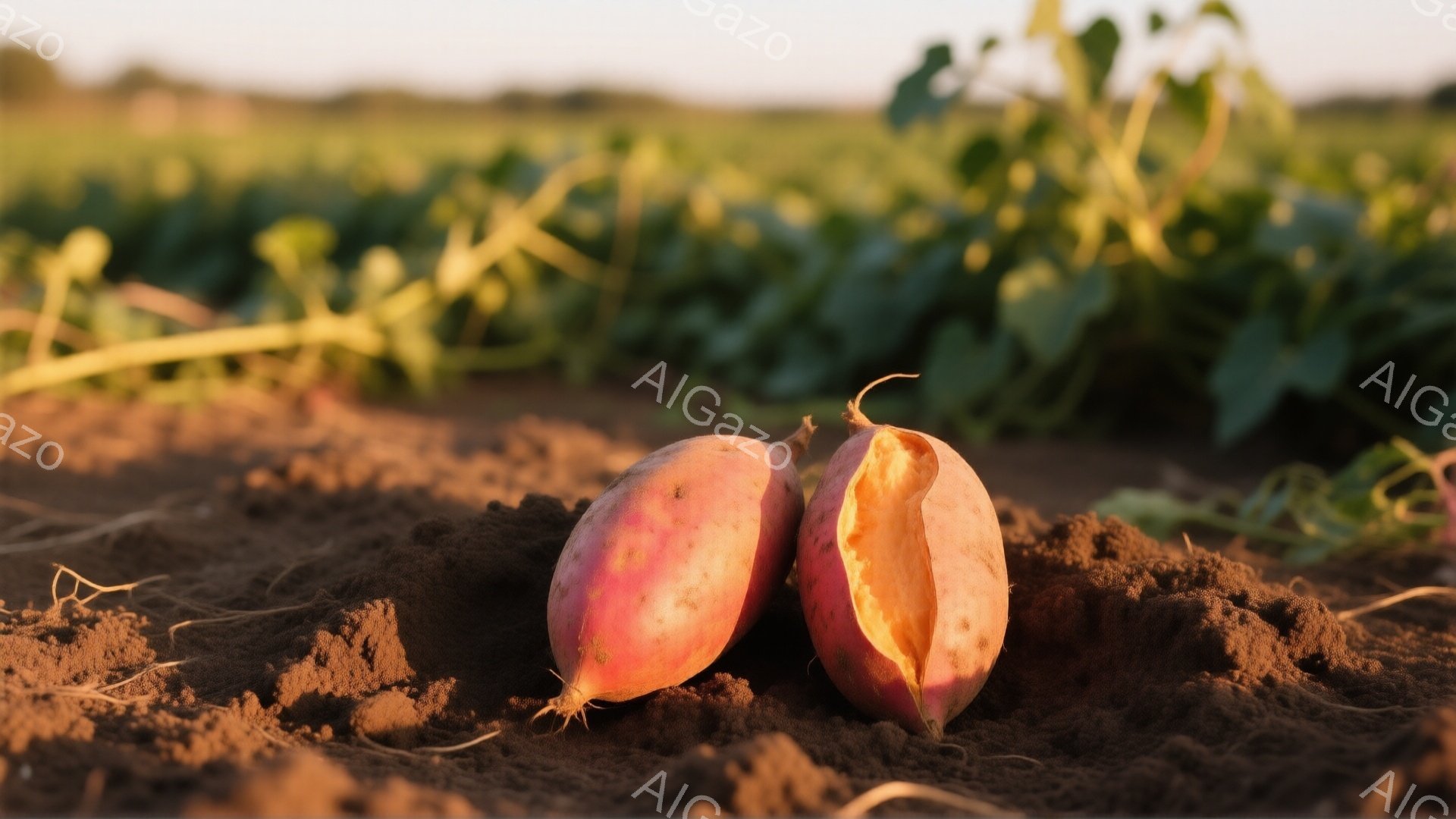 掘り出されたばかりのサツマイモが、土の上に並んでいる様子が写っている。片方のサツマイモは割れており、オレンジ色の果肉が見える。背景には緑色の葉が広がる畑がぼやけ、穏やかで自然な雰囲気が漂っている。