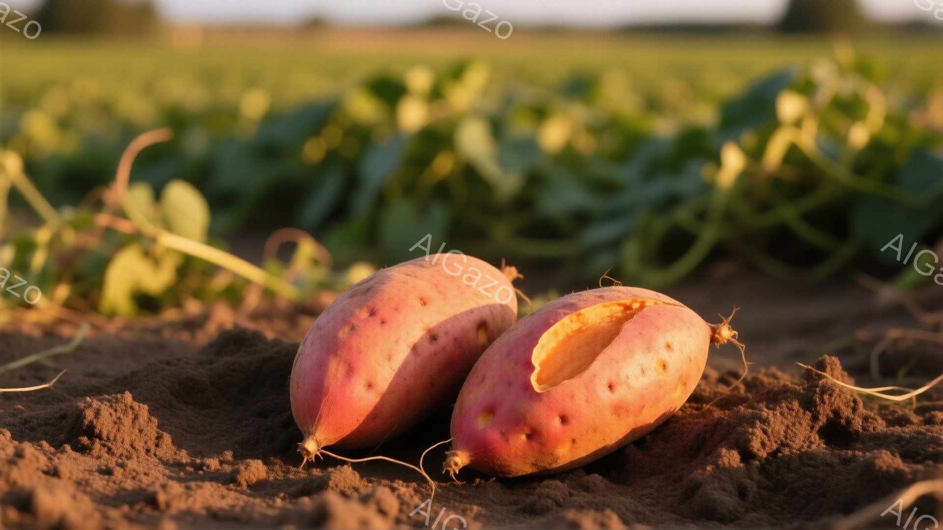 土壌の上に二つのサツマイモが置かれています。片方のサツマイモは割れており、内部が見えています。背景には緑色の植物が広がり、畑の風景が広がっています。