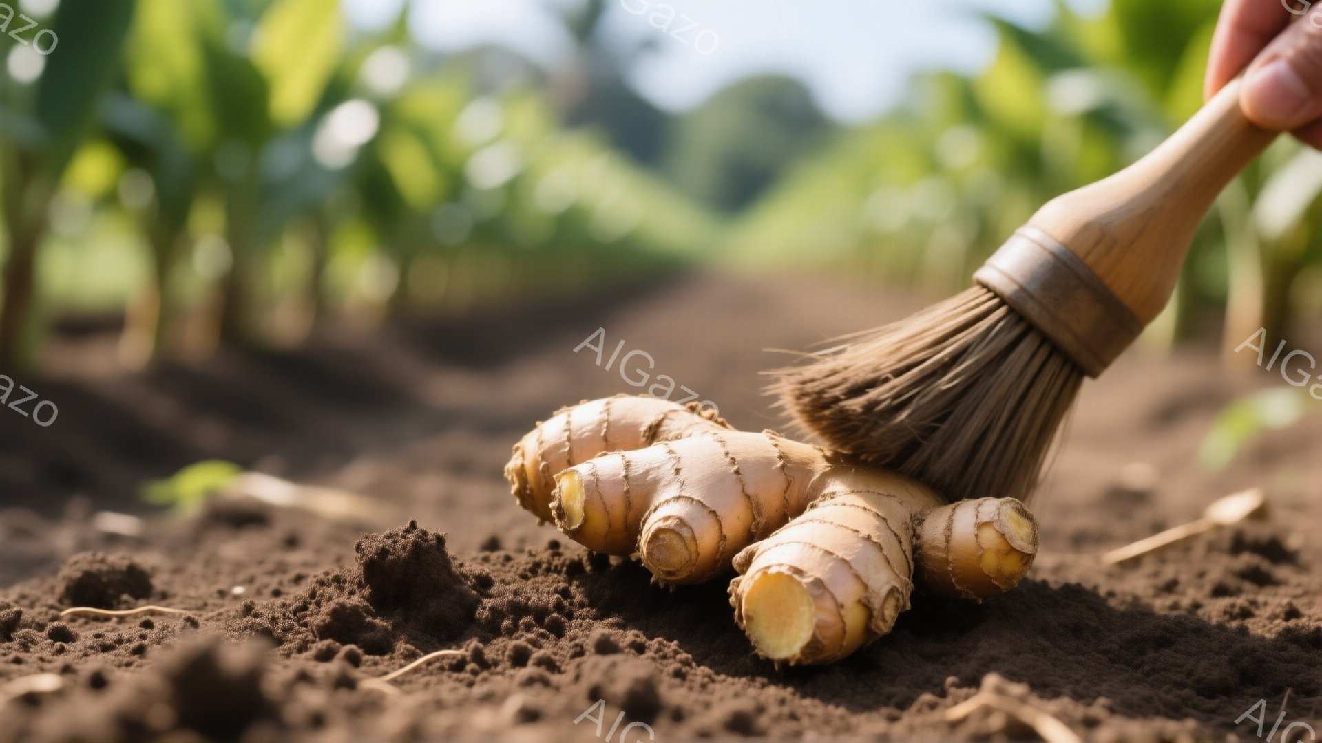 耕作された土の上に、収穫された生姜の根がいくつか置かれている。ブラシを持つ手が、土の中から出てきたばかりの根を丁寧に清掃している様子が捉えられている。背景には緑豊かな植物が並び、日差しの強い農園の一日の風景が広がっている。