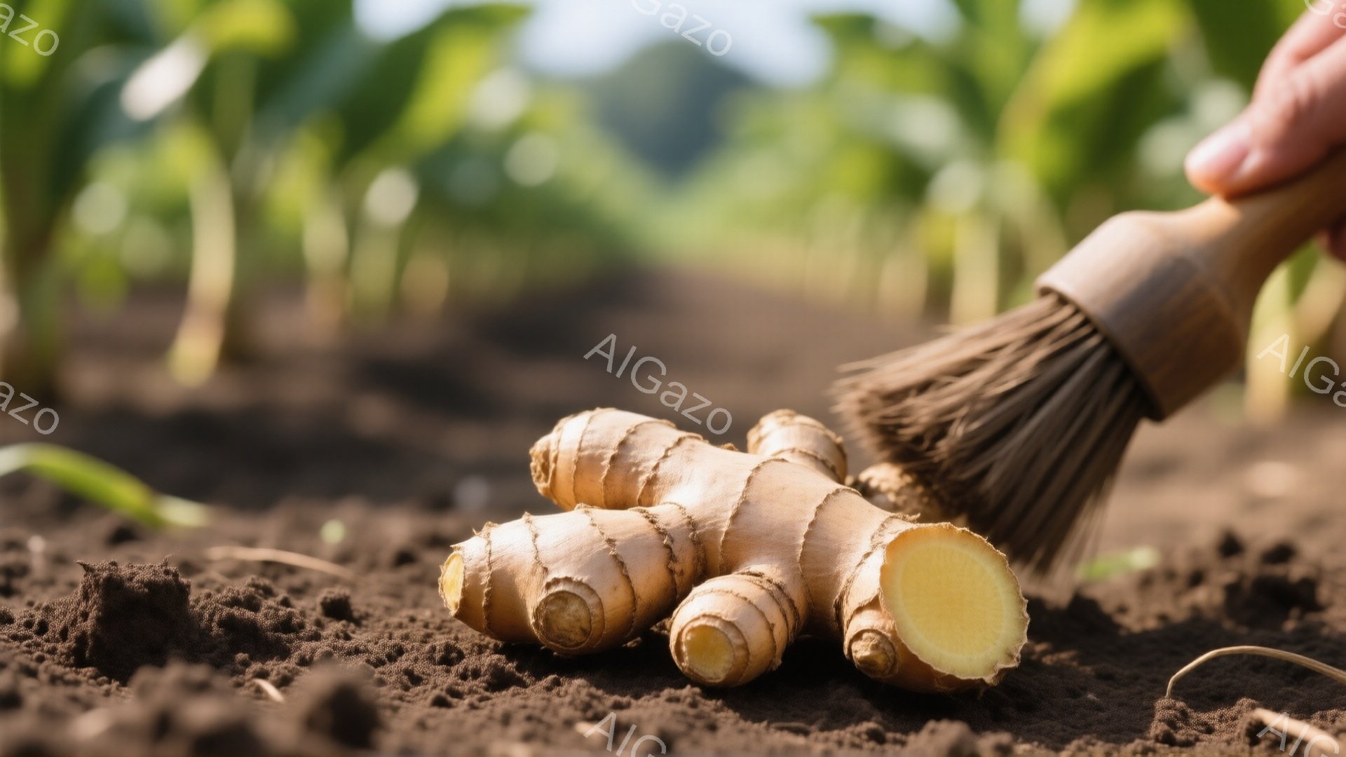 土壌の上に生姜の塊が置かれており、その一部が切断されて内部が露出している。ブラシを持つ手が画面の右上から生姜の塊に近づき、汚れを落とそうとしている様子が伺える。背景には緑色の植物が茂り、日差しが暖かく、土の匂いが漂うような農場の風景が広がっている。