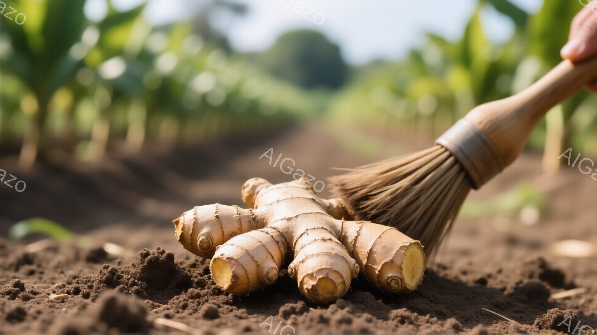 土壌の上に、根茎の形をした生姜がいくつか置かれている。柄の付いたブラシが、土の中から生姜を清掃している途中であるように見える。背景には緑色の植物が密集しており、晴れた日の農園や畑の一場面を捉えている。