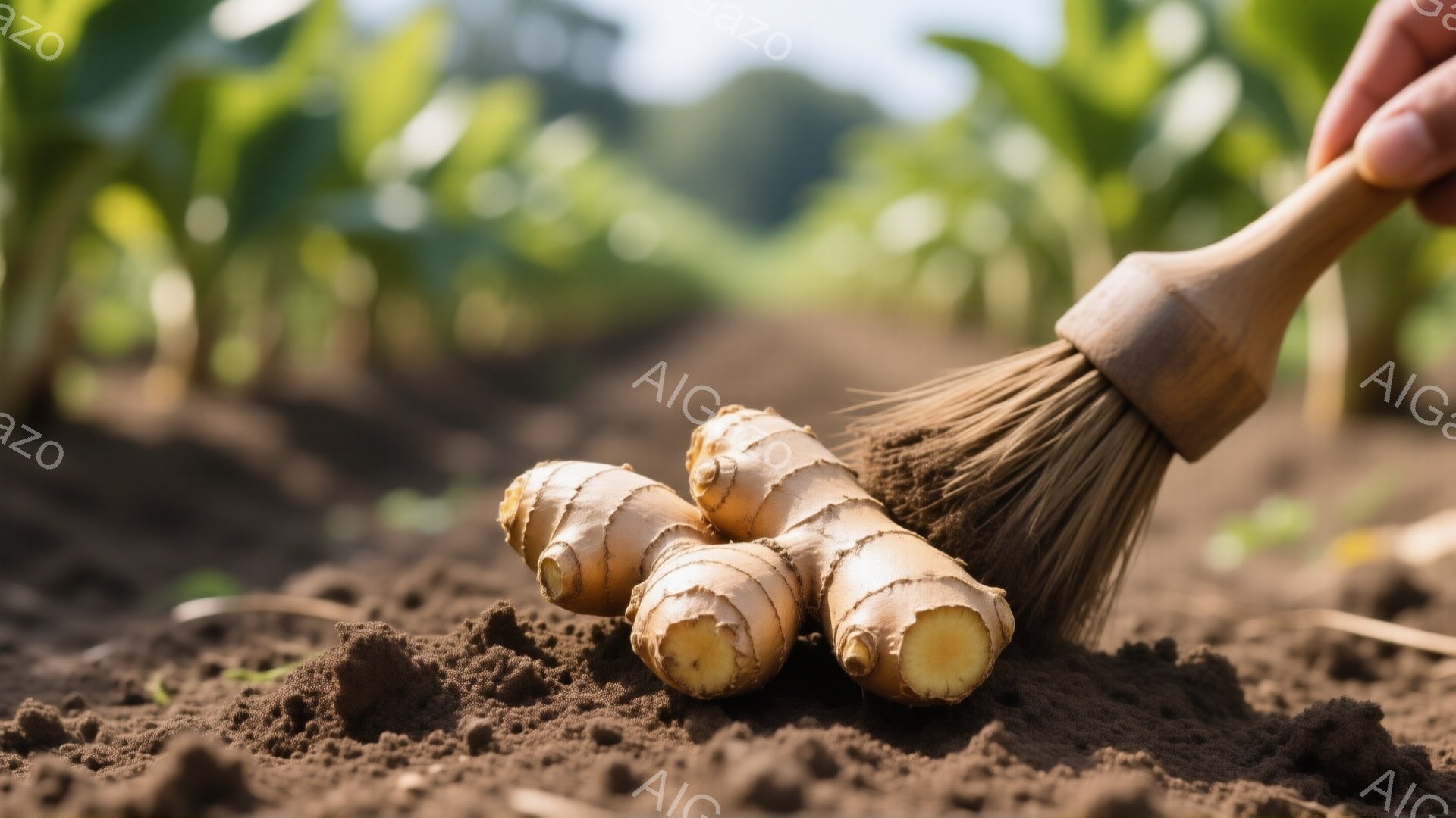 土壌の上に生姜の根がいくつか置かれており、そばに木の柄のついたブラシが土を払っているところです。背景には緑の植物が生い茂る畑が広がり、日差しが穏やかに差し込んでいます。土と植物の緑、そしてブラシの茶色が調和し、自然で穏やかな雰囲気を醸し出しています。