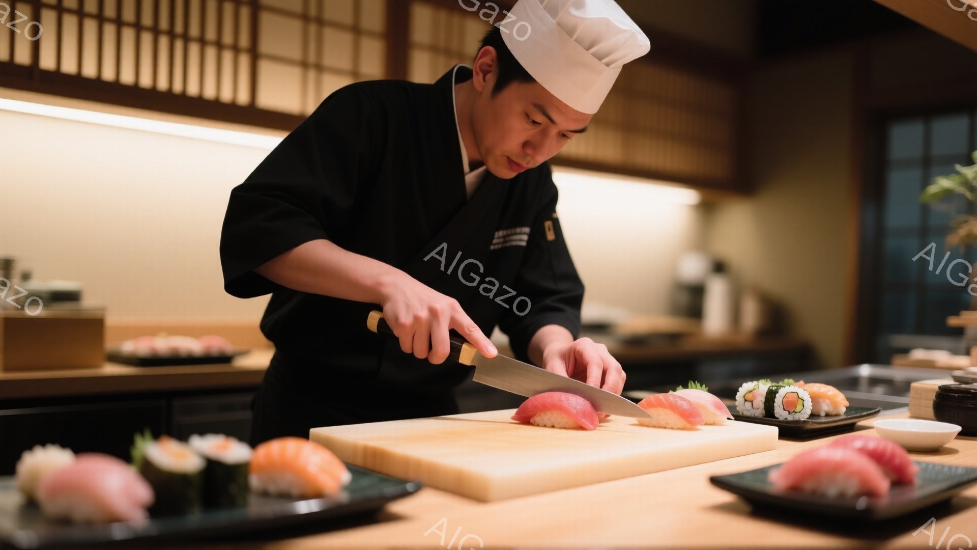 黒いコックコートと帽子を着用した寿司職人が、白いまな板の上で魚を切っています。彼の表情は真剣で集中しており、熟練した手つきで包丁を扱っています。背景には、黒い皿に並べられた寿司や、木製のカウンター、そして薄暗い照明が見え、落ち着いた雰囲気の寿司店であることがわかります。