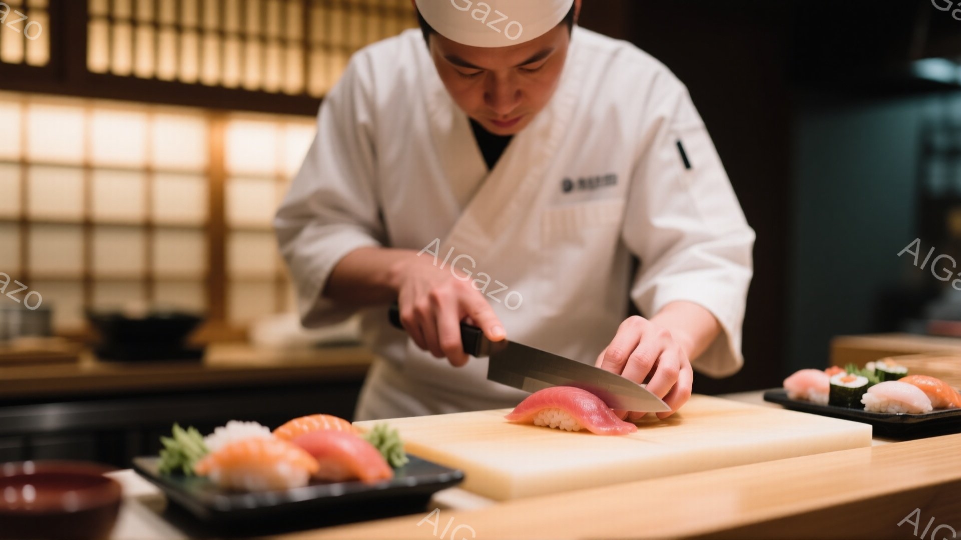 白いコックコートと帽子を身につけた寿司職人が、ピンク色のマグロを乗せたシャリの上を鋭い包丁で丁寧に切りつけている。木製のカウンターの上には、既に握られた寿司が盛り付けられた黒い皿があり、背景にはぼやけた茶色の木製の壁と棚が見える。全体的に、職人の熟練した技術と、静かで落ち着いた寿司店の雰囲気が伝わってくる。