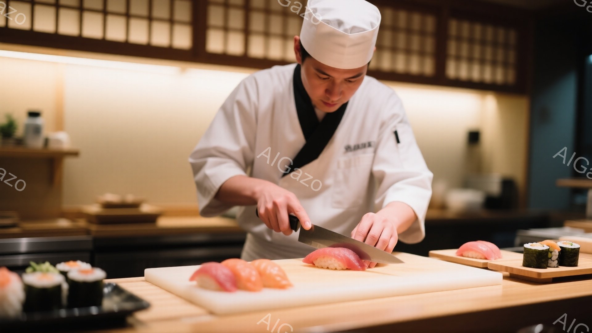 白いコック帽と白いエプロンを身につけた寿司職人が、木製のまな板の上で赤いマグロを包丁で丁寧に切り分けている。背景には、木製のカウンターと、ぼんやりとした調理器具が見え、温かい照明が職人の作業を照らしている。 全体的に、職人の熟練と、寿司作りの伝統的な雰囲気が漂う写真である。