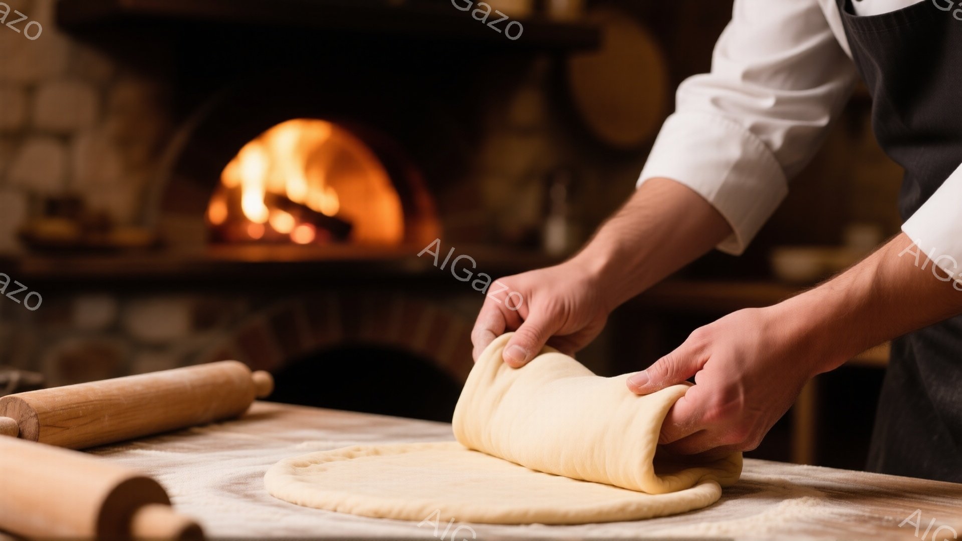 ピザ生地を伸ばしている男性の手が写っている。彼は黒いエプロンと白い長袖シャツを着ており、木製のテーブルの上で生地を巧みに操っている。背景には暖炉があり、その光がテーブルと生地を照らし、温かく居心地の良い雰囲気を醸し出している。