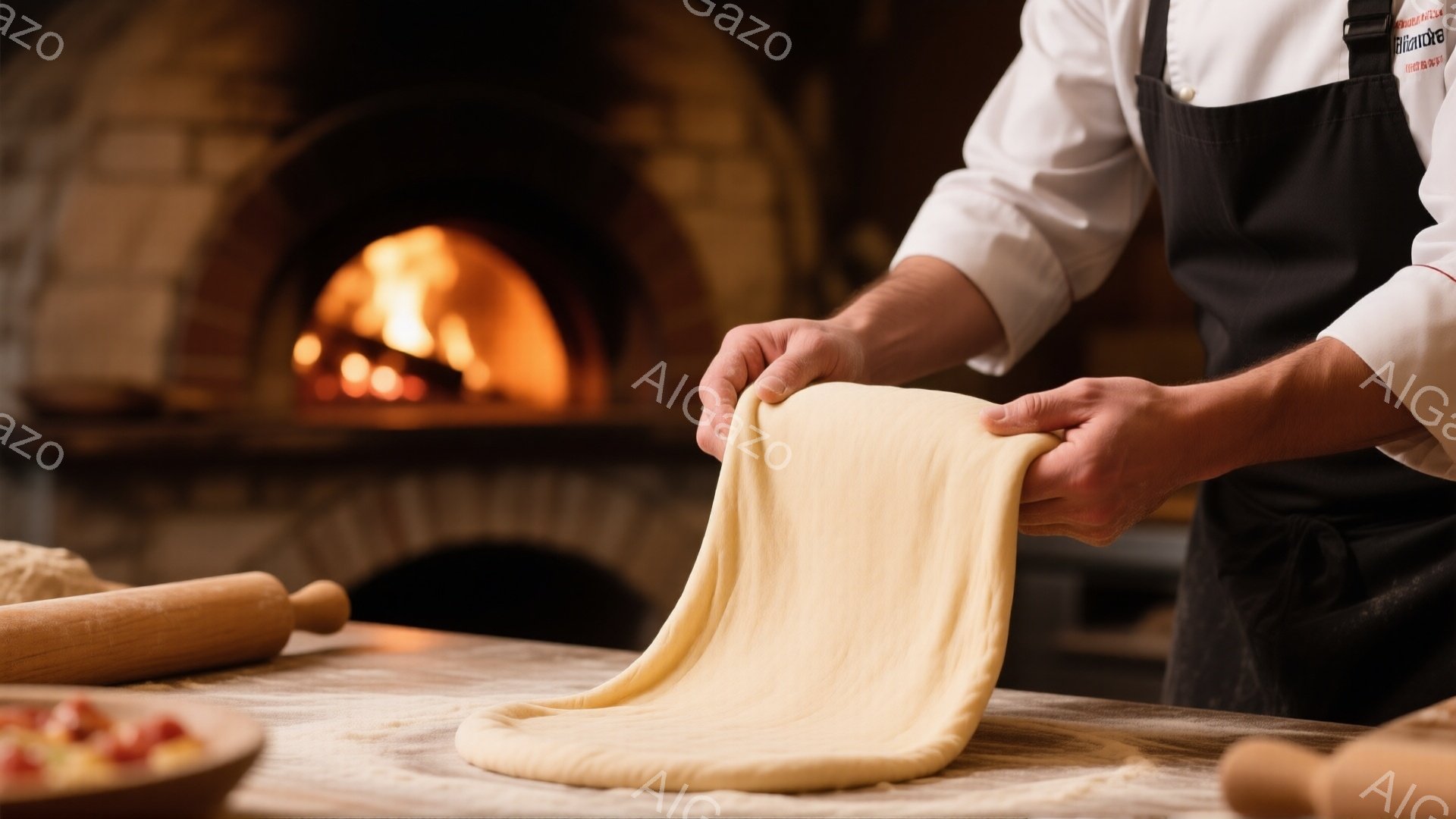 画像は、小麦色の生地を両手で広げているパン職人の様子を捉えています。黒いエプロンを身につけ、手元に集中した様子で生地を伸ばしており、背景にはレンガ造りの窯と一部の調理道具が見えます。暖色系の光が生地と職人の手を照らし、温かく、職人の技が伝わるような雰囲気が漂います。