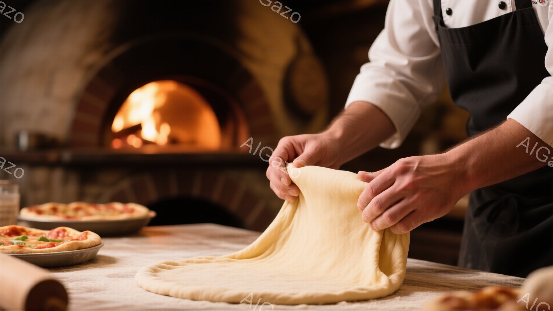 ピザ職人が小麦粉の生地を両手で広げている様子が写っている。彼は白いコックコートと黒いエプロンを身に着け、背景には暖炉の炎と焼き上がったピザがいくつか置かれている。全体的に暖かく、プロフェッショナルな雰囲気で、本格的なピザ作りの現場が伝わってくる。