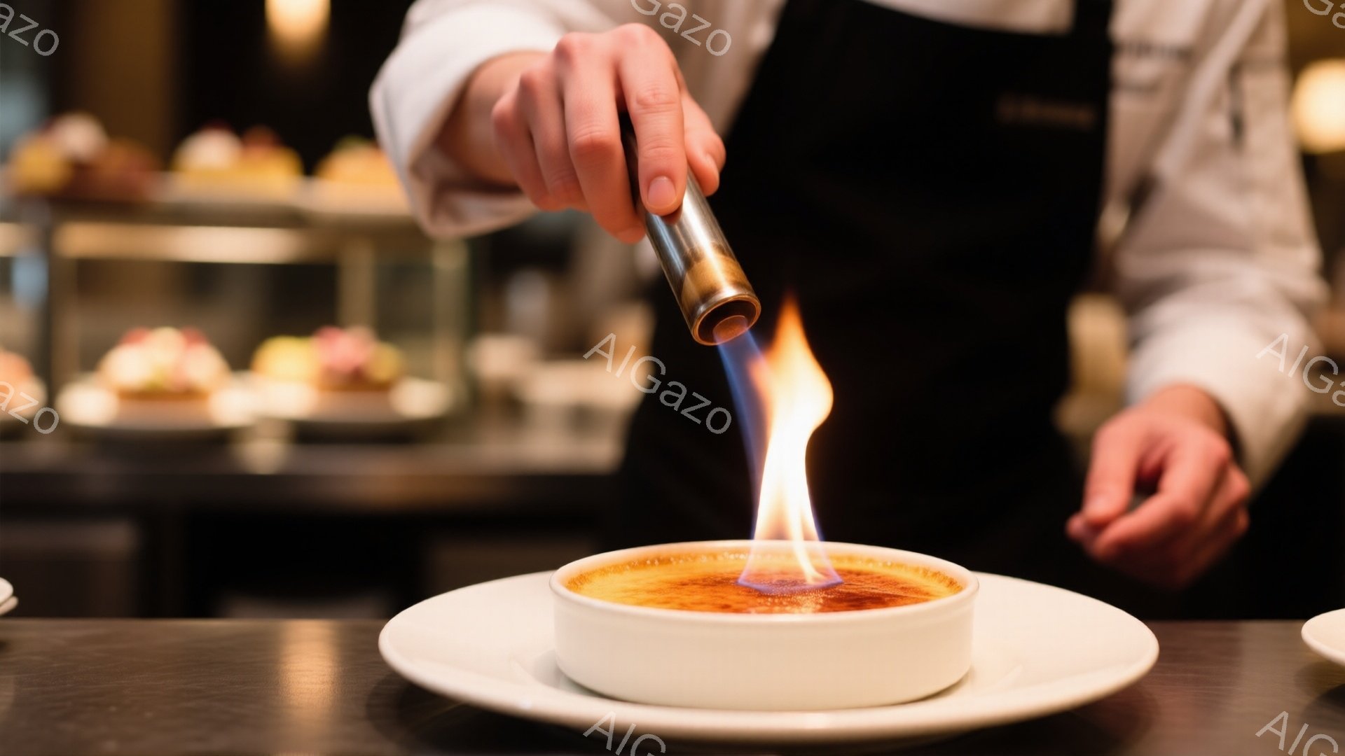 白い陶器の器に入ったクレームブリュレに、バーナーでカラメル化された表面が輝いている。黒いエプロンと白いシャツを着た人物がバーナーを器に向けており、慎重に作業を進めている様子が窺える。背景には、色とりどりのペストリーが並んだショーケースが見え、暖かく落ち着いた雰囲気のカフェやレストランの厨房内であることがわかる。