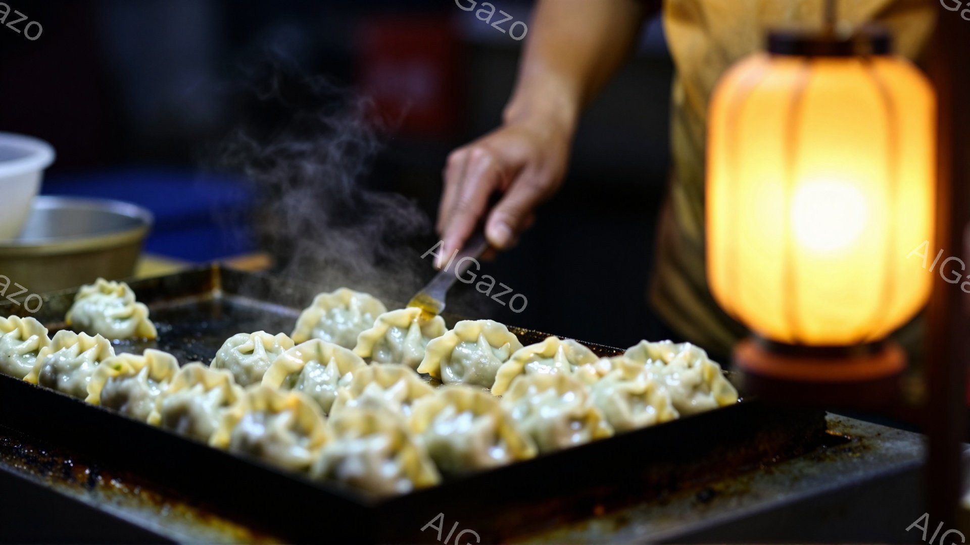 熱い鉄板の上で、たくさんの餃子が蒸気を上げている様子が写っている。背景には、ぼんやりとした光を放つ提灯が見え、調理している人の腕とヘラが僅かに捉えられている。全体的に暖かく、屋台の賑やかな雰囲気が感じられる。