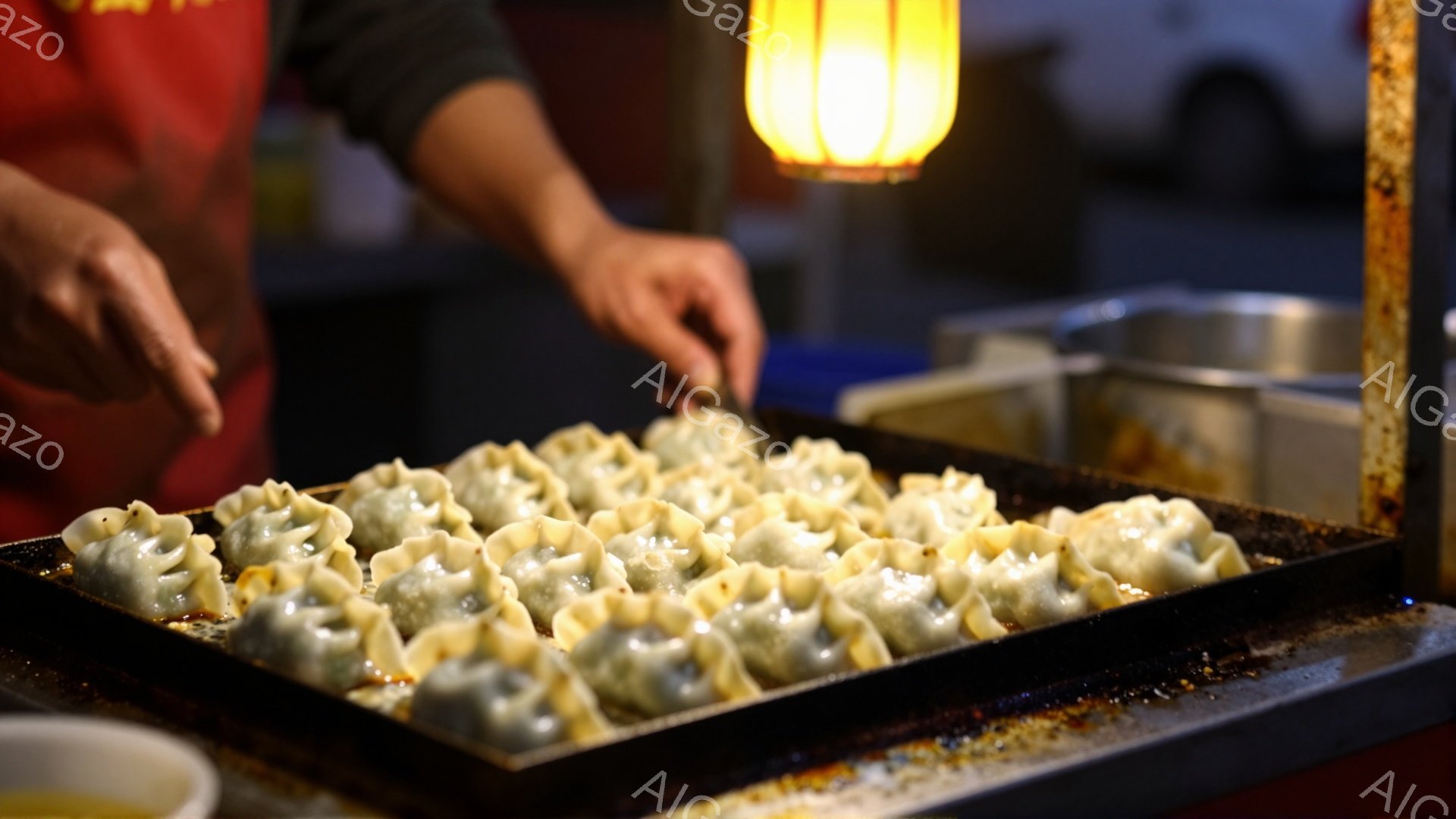 蒸し器で調理された餃子が鉄板に並べられており、誰かがトングを使ってそれらを調整している様子が写っている。背景にはステンレス製の調理器具や、ぼんやりと光る建物が見え、屋台の活気ある雰囲気が感じられる。全体的に暖色系の照明が使われており、食欲をそそる暖かい雰囲気である。