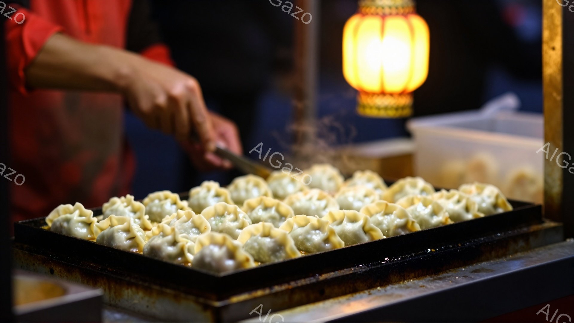 熱い鉄板の上には、たくさんの焼き餃子が並べられています。赤いシャツを着た人が、トングを使って餃子を調理している様子が捉えられ、背後には提灯が灯って温かい雰囲気を醸し出しています。屋台のような場所で、賑やかな夜の屋台飯の光景が想像されます。