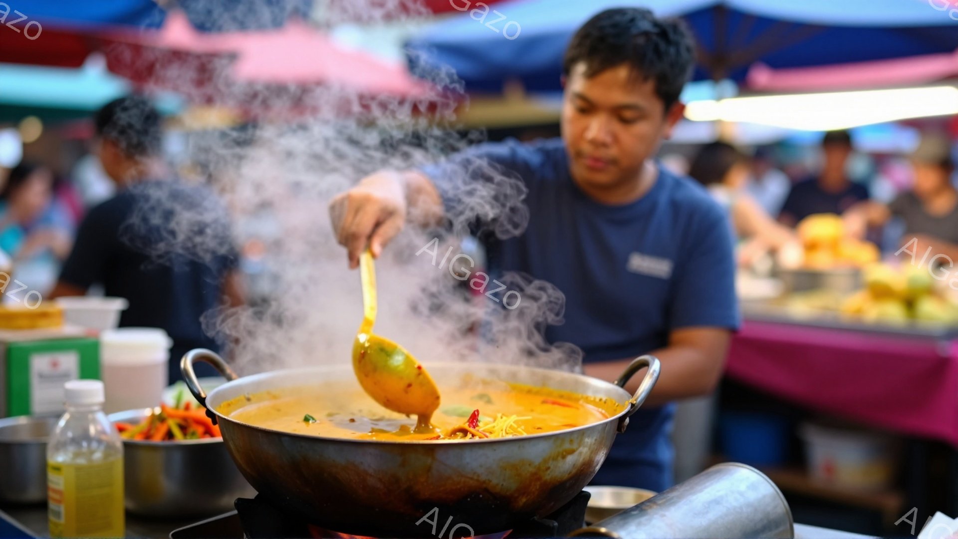屋台で料理を作っている男性が写っている。彼は濃い青色のシャツを着ており、短く刈り込んだ髪をしている。大きな鍋から湯気が立ち上り、鍋の中にはオレンジ色のスープと麺、野菜が見える。