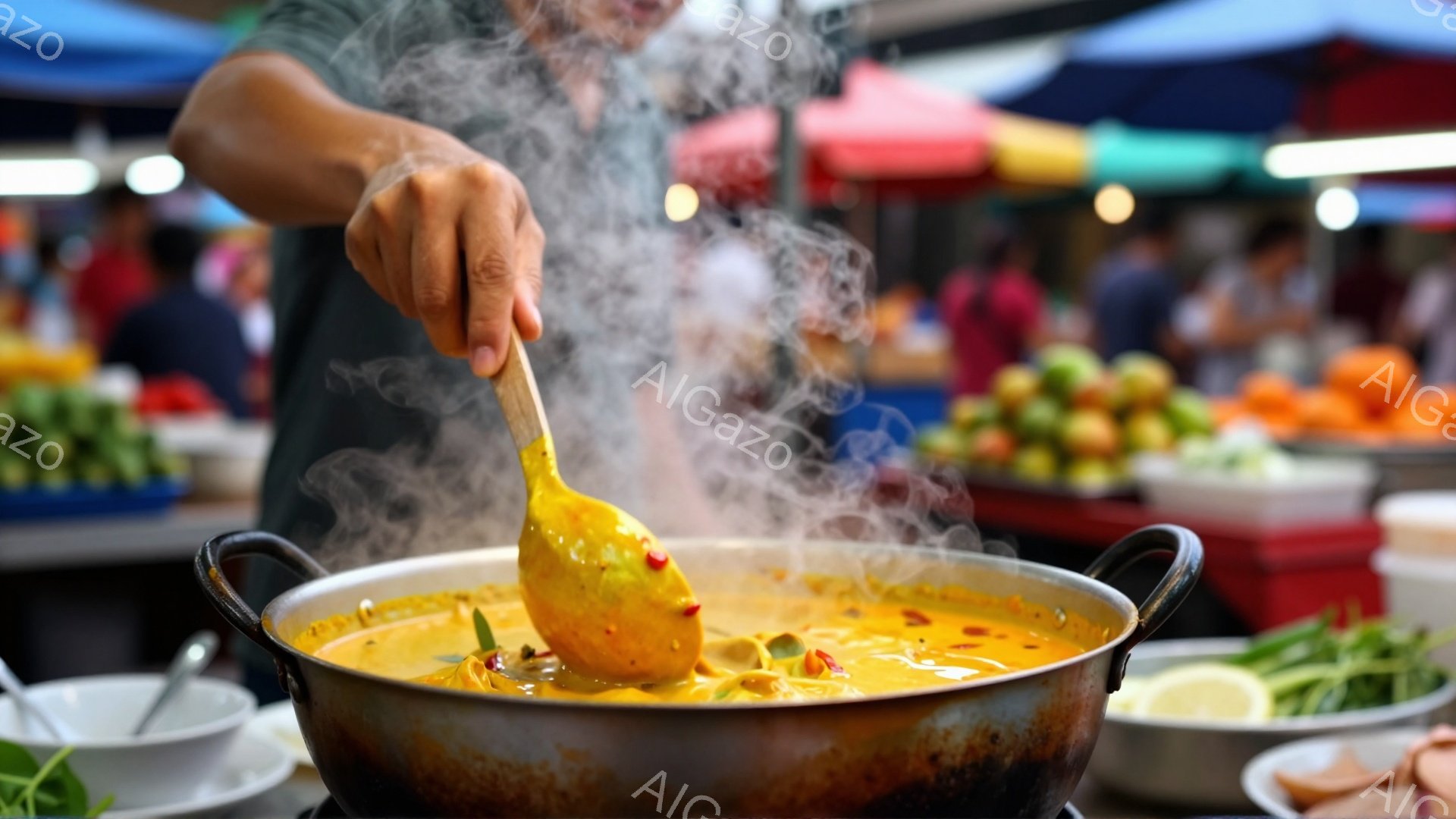 大きな鍋から湯気が立ち上り、オレンジ色のカレーが煮込まれている様子が写っている。男性の手が木製の大きなスプーンでカレーをかき混ぜており、市場の屋台の一角で調理されている様子が窺える。背景には色とりどりのフルーツが並び、活気ある市場の雰囲気が伝わってくる。