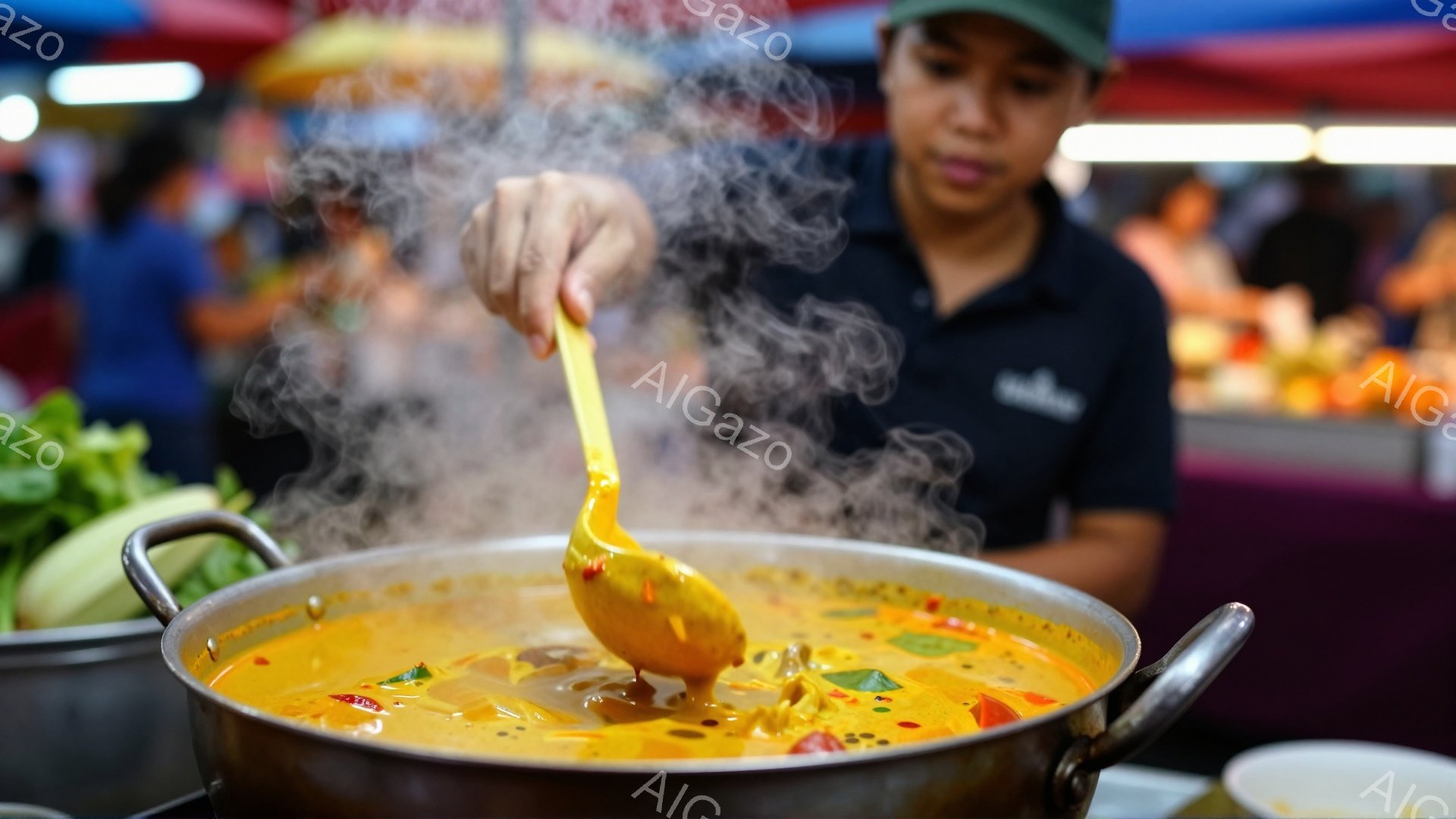 大きな鍋から湯気が立ち上り、オレンジ色のカレーが煮込まれている様子が映し出されている。カレーをかき混ぜている人物は、紺色のポロシャツを着ており、短く刈り込んだ髪で、真剣な表情をしている。背景には、鮮やかな果物や野菜が並び、市場のような活気ある雰囲気を感じられる。