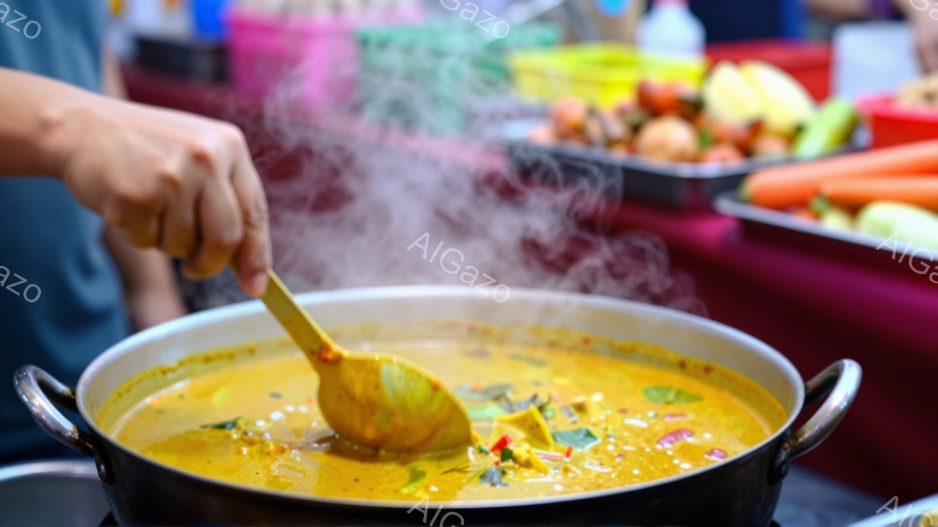 大きな黒い鍋の中で、鮮やかなオレンジ色のカレーが湯気を上げている様子が写っている。木製のヘラでカレーを混ぜている手元のみが写っており、背景には赤いプラスチックの容器に入った野菜や果物が並んでいる。 屋台の賑やかな雰囲気を感じさせ、カレーの香りが漂ってくるような、食欲をそそる一枚である。