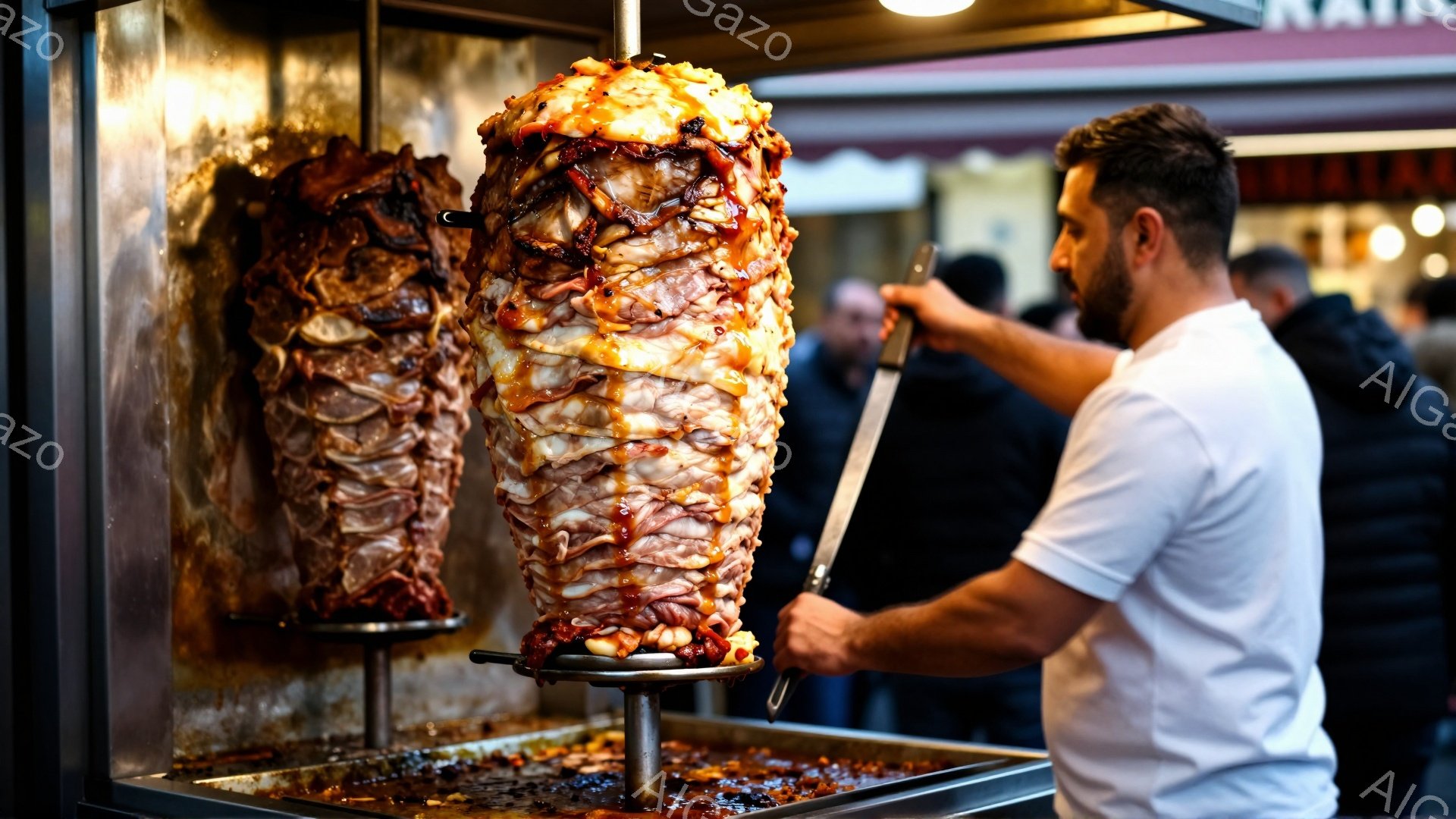 回転する肉の塊が２つ、調理台に設置されている様子が写っている。白シャツを着た男性が金属製の器具を使って肉を削り、真剣な表情で調理に集中している。背景にはぼやけた人影が見え、屋台のような賑やかな雰囲気を感じさせる。