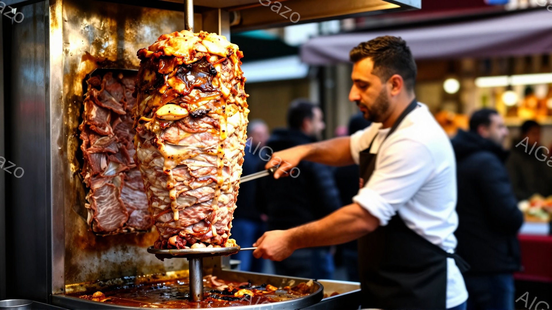 巨大な肉の串が回転しており、調理された肉が層になって積み重なっている様子が写っている。男性は白いシャツと黒いエプロン姿で、肉を削ぎ切りにするためにナイフとフォークを使っている。背景には、ぼやけた人々の姿や、市場の屋根、そして薄暗い天候が見て取れる。