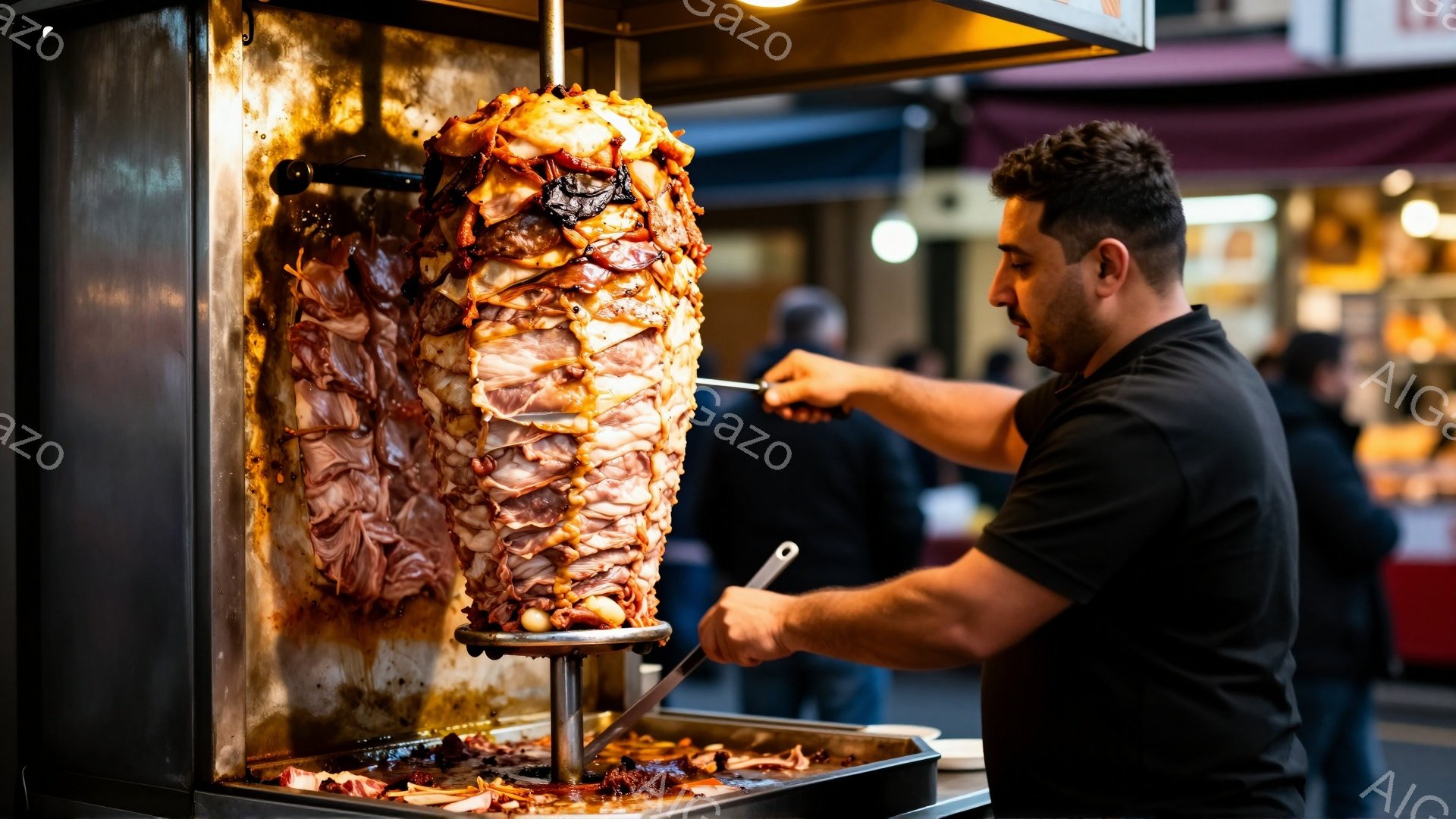 画像には、肉が積み重ねられた大きな回転式グリルと、それを調理する男性が写っています。男性は黒いシャツを着ており、短く整髪された髪と、調理に集中した表情をしています。背景には他の人々やお店が見え、活気のある市場の雰囲気が漂っています。