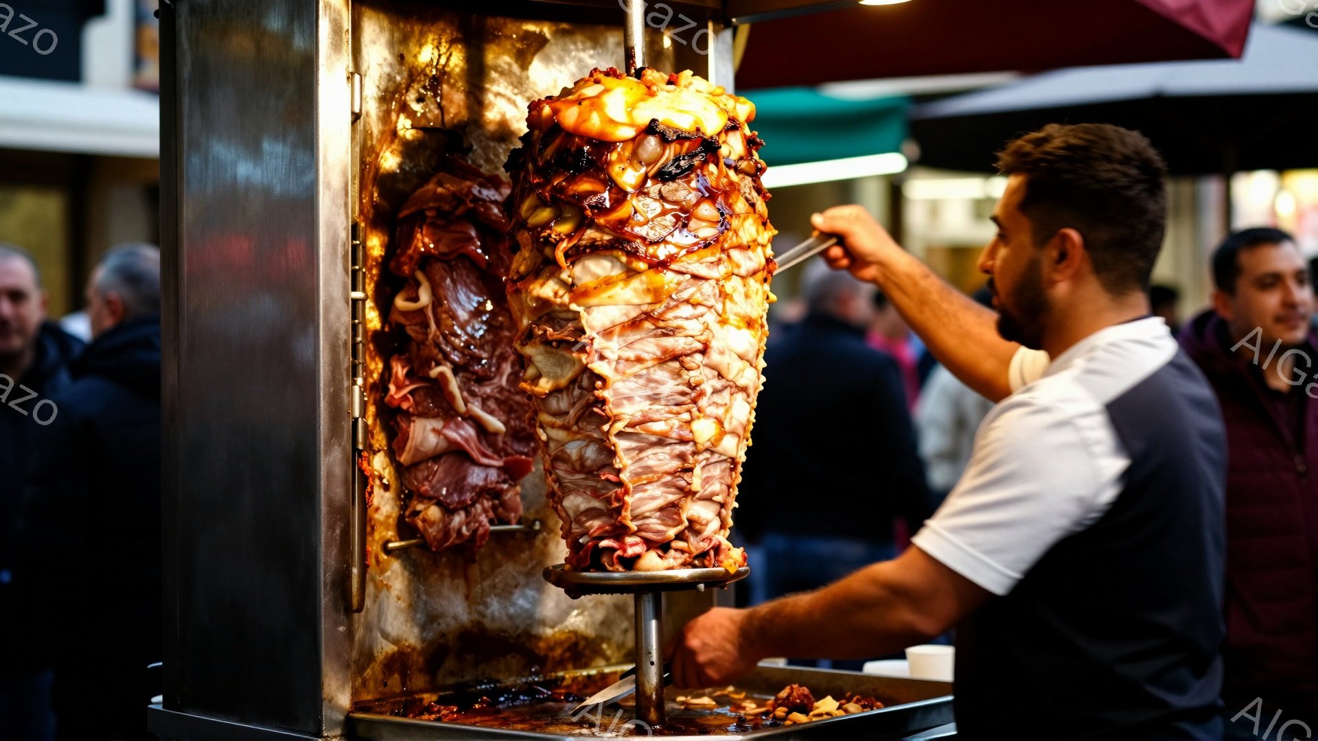 巨大な肉の塊が垂直の串に刺さり、調理されている様子が映し出されている。調理師は白いシャツと黒いベスト姿で、真剣な表情で肉を削ぎ切り、手には銀色のナイフとフォークを持っている。背景には人々の姿がぼやけ、屋台が並んでいる様子から賑やかな市場の雰囲気が伝わってくる。