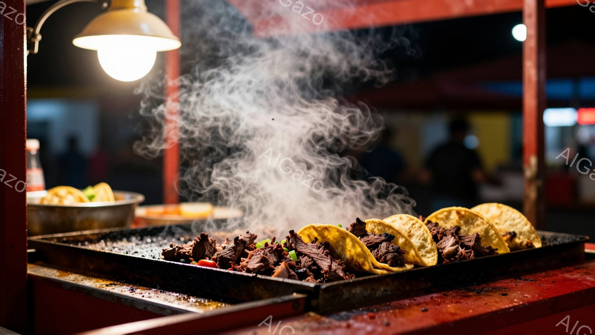 鉄板の上には、タコスが並べられており、湯気が立ち上っている様子が捉えられています。タコスの具材は肉が主体で、細かく刻まれた野菜が添えられています。背景は暗く、赤色の枠組みとぼんやりとした人物像が見え、 - AI生成フリー素材