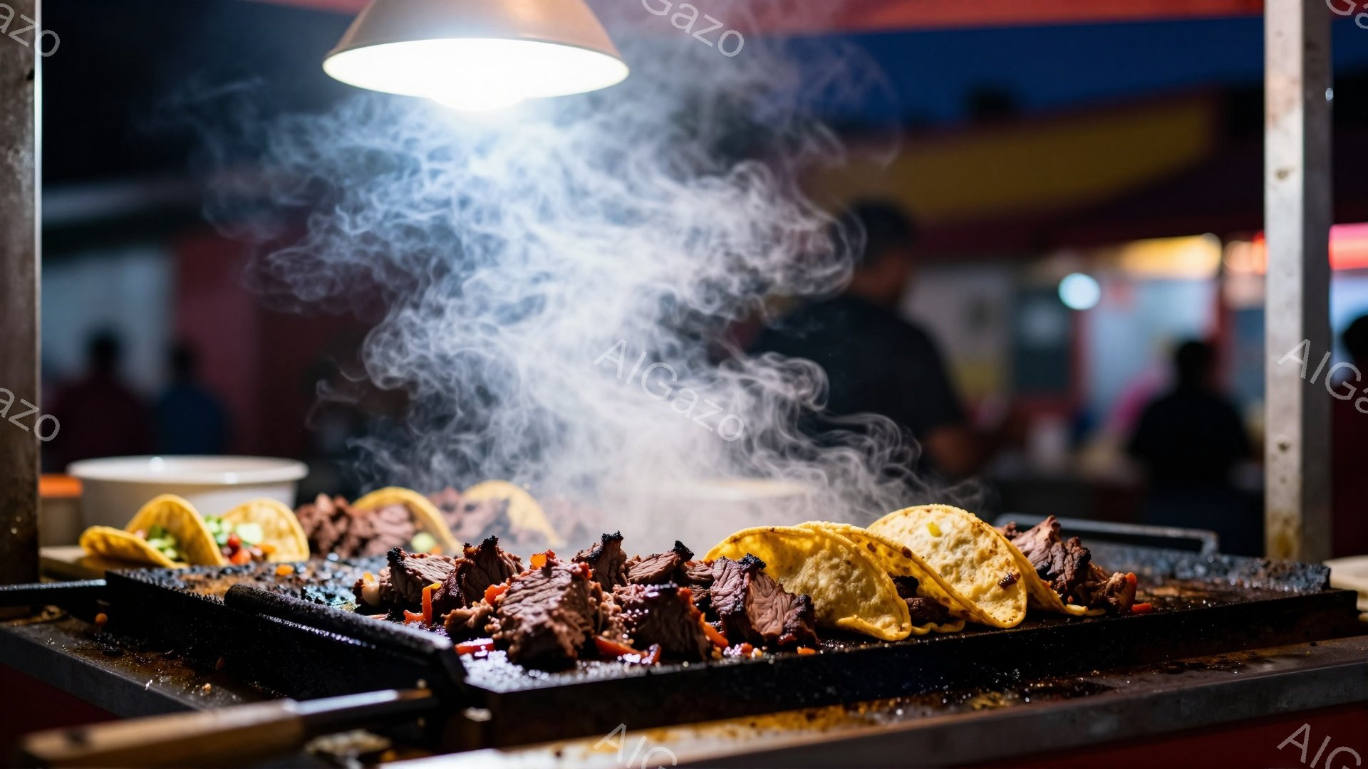熱い鉄板の上で焼かれた肉とトルティーヤが煙を上げている様子が捉えられています。背景は薄暗く、他の人影が見え、屋台のような場所であることが伺えます。全体的に、活気があり、食欲をそそる雰囲気が漂っています。