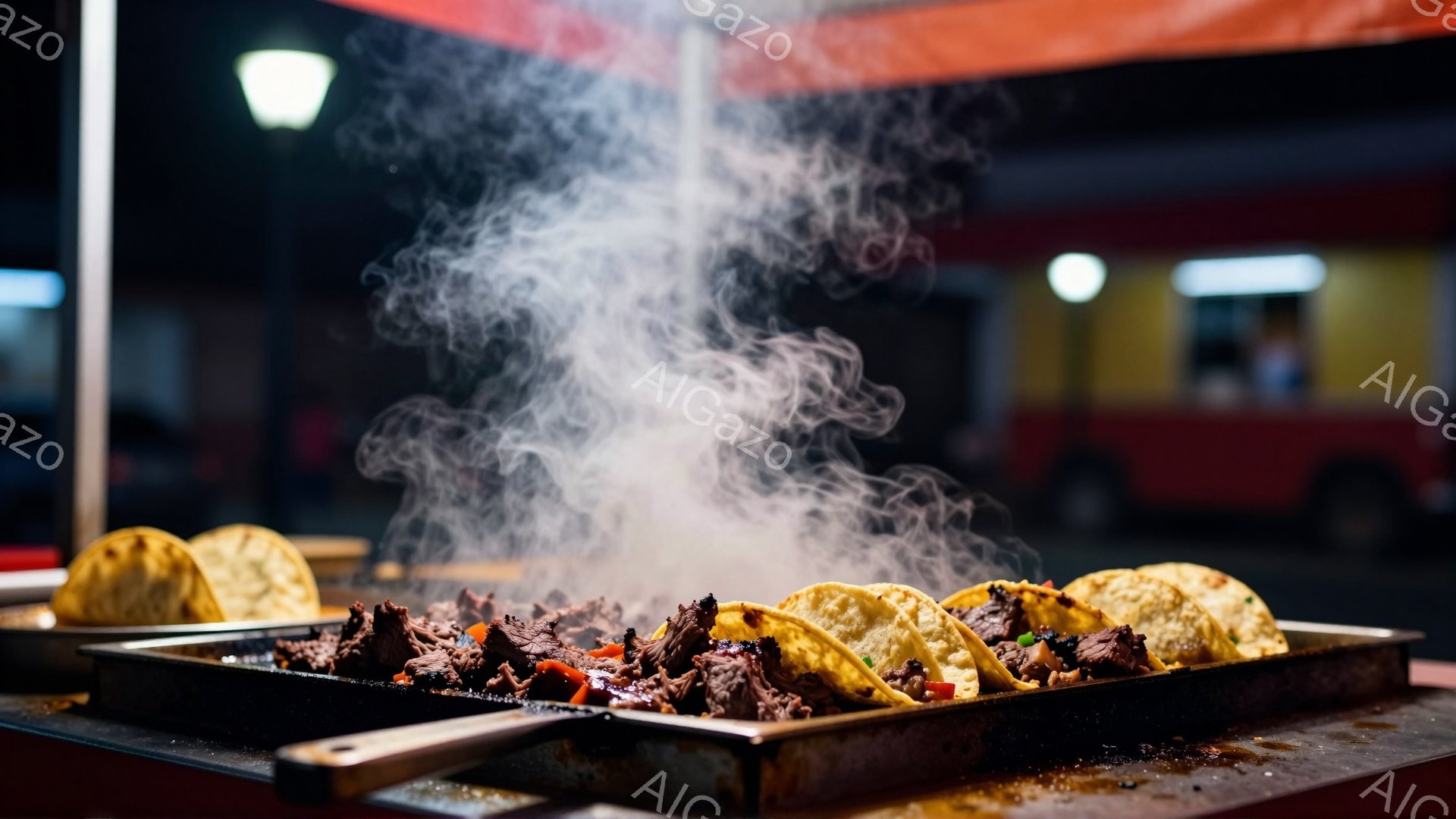 熱い鉄板の上で、焼きたてのタコスや肉が湯気を立てています。背景には赤色の屋台と、ぼんやりとした光が灯る建物が見え、夜の屋台街の賑やかさを感じさせます。全体的に暖色系の照明が使われ、食欲をそそる、活気ある雰囲気を醸し出しています。