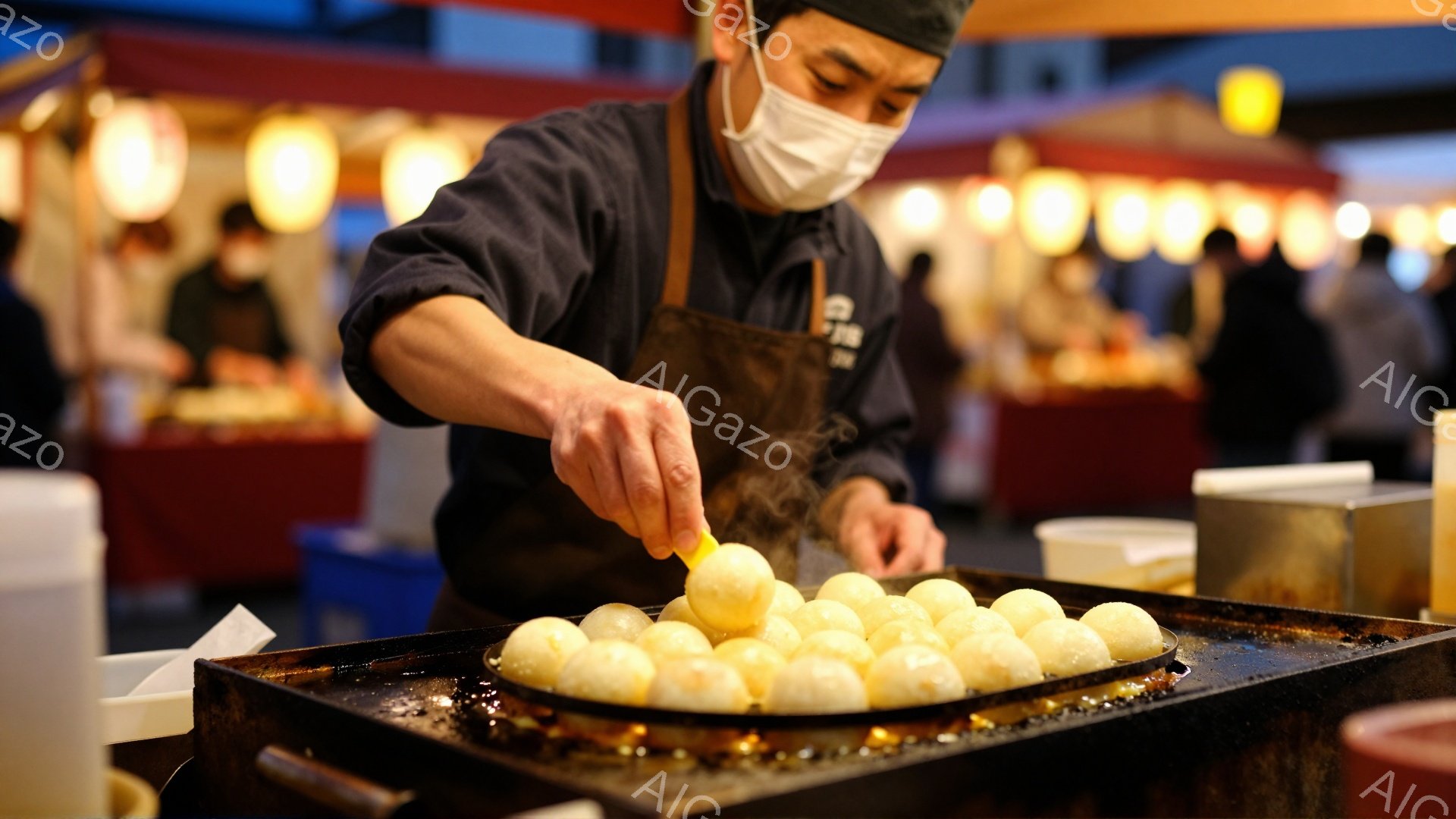 屋台で団子を焼いている男性が写っています。彼は黒いエプロンと帽子を着用し、マスクで口元を覆っています。背景には他の屋台や人々が見え、温かい光が灯っており、賑やかなお祭りの雰囲気が漂っています。