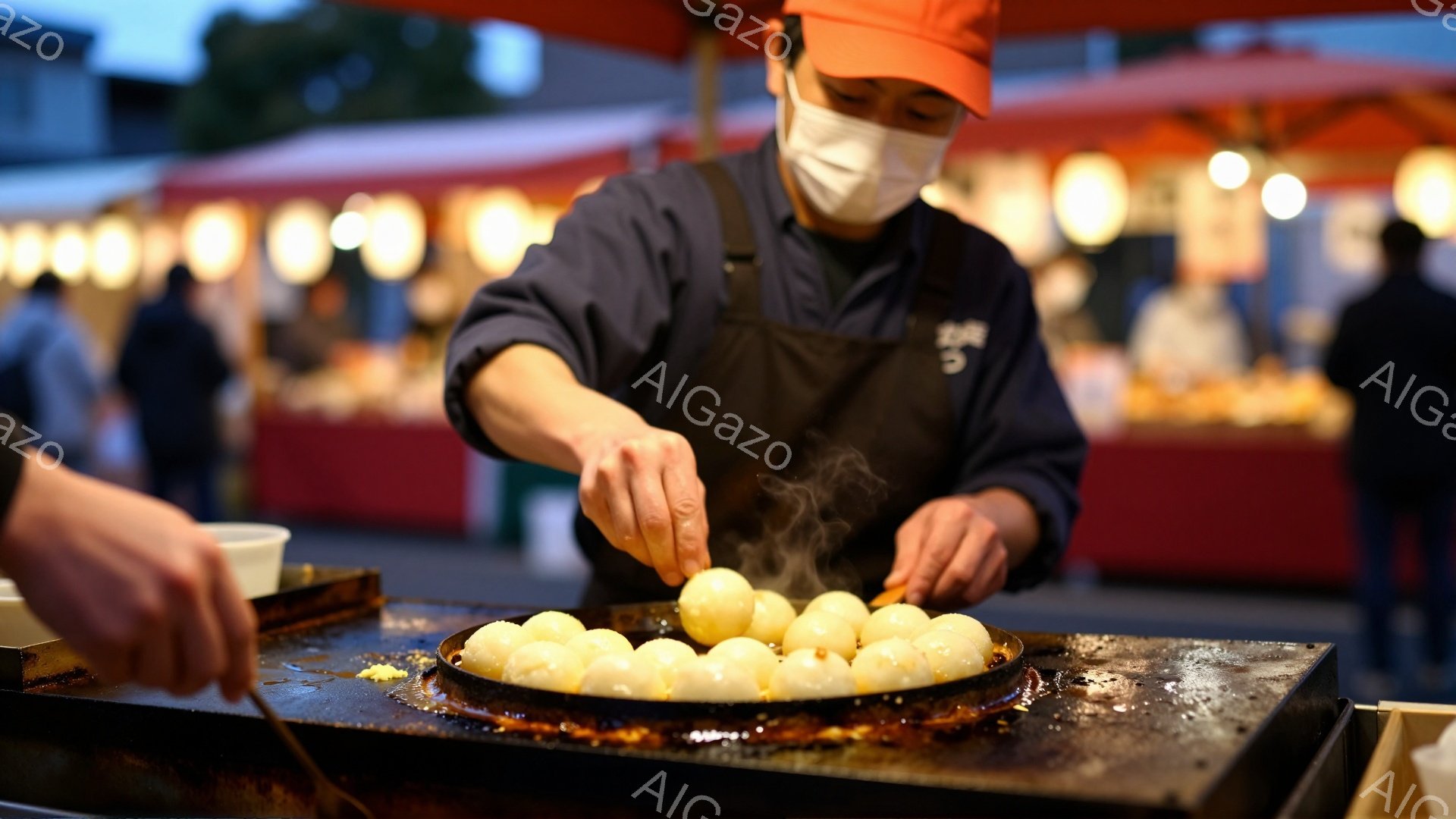 屋台でたこ焼きを作る男性が写っている。青いシャツに黒いエプロンをつけ、白いマスクをしている。鉄板に並べられたたこ焼きから湯気が立ち上り、手前の男性が竹串でたこ焼きをひっくり返している様子が捉えられ、賑やかな屋台の雰囲気と熱気が伝わってくる。