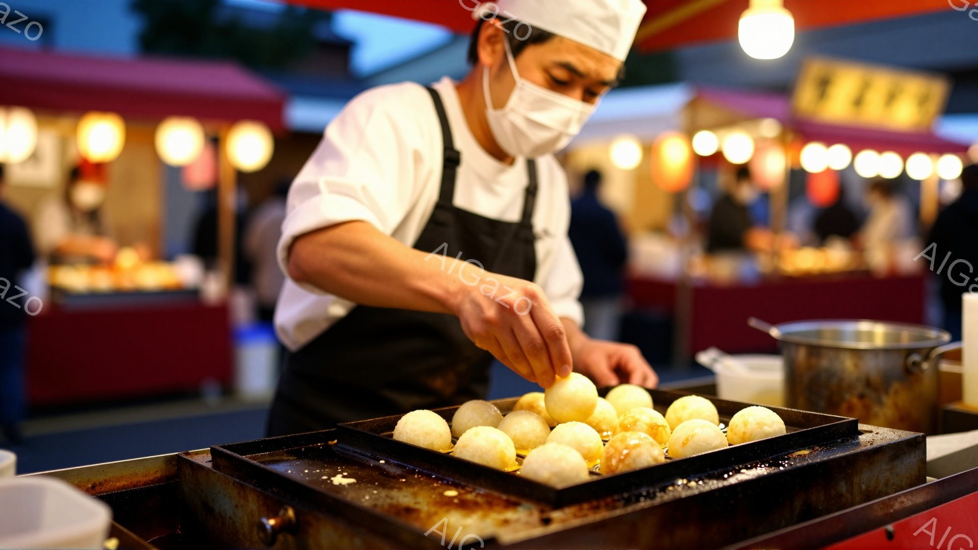 屋台でたこ焼きを作っている男性が写っています。白いコックコートと黒いエプロンを身につけ、マスクで口元を覆っています。鉄板の上には丸いタコ焼きが並べられており、男性は小さなソースをそれぞれのタコ焼きに注いでいます。