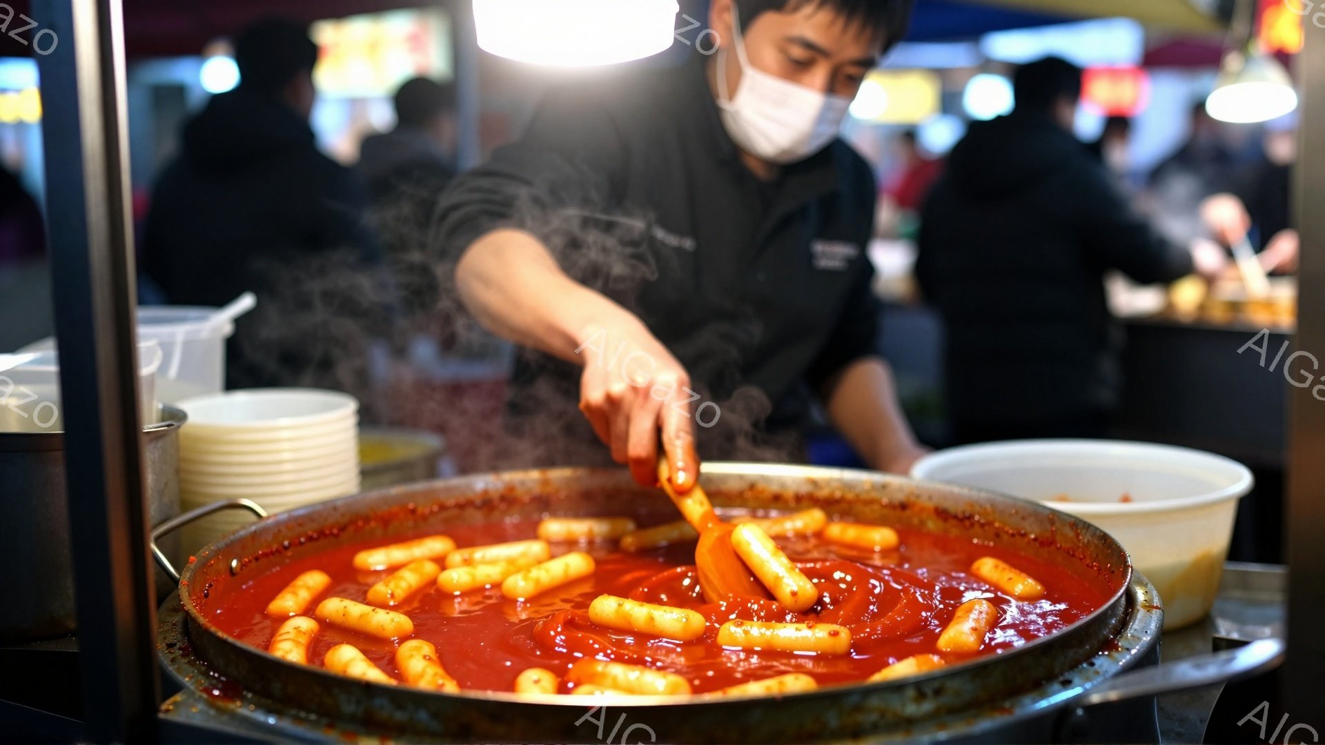大きな平らな鍋に、唐辛子を塗したソーセージが大量に煮込まれている様子が映っている。調理師は黒い服を着てマスクをしており、トングでソーセージを鍋の中でかき混ぜている。背景には他の屋台や人々が見え、活気のある屋台の雰囲気が伝わってくる。