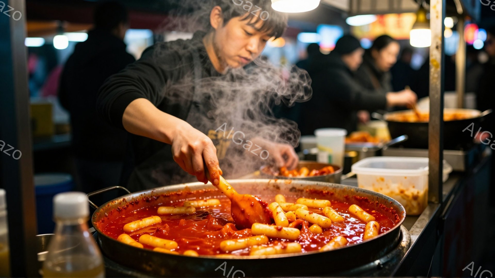 屋台でトッポギを調理する女性が写っています。彼女は黒いシャツを着ており、髪は後ろで結んでいます。大きな鉄製の鍋の中で赤いトッポギが煮込まれており、湯気が立ち上っています。