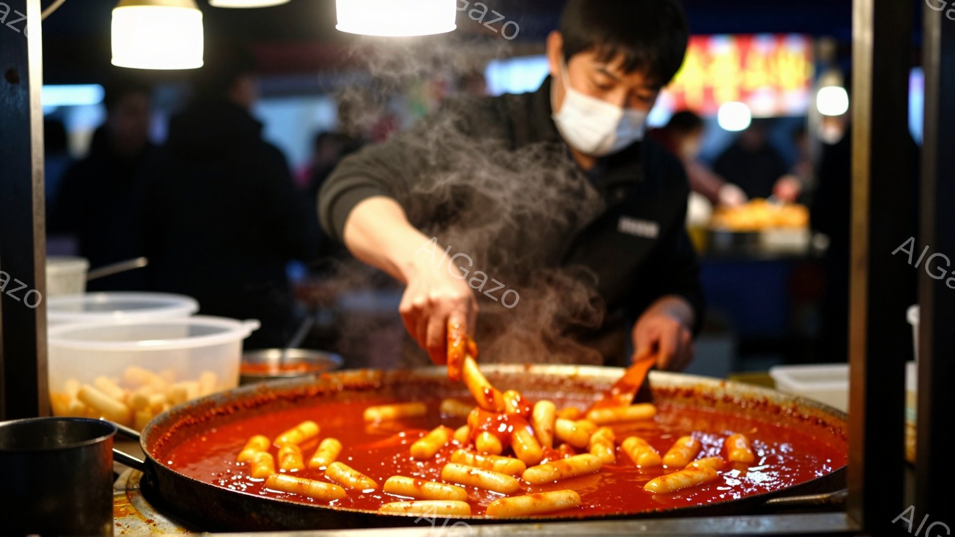 屋台でトッポギを作っている様子が写っている。作業員は黒い服を着てマスクをしており、赤いソースでいっぱいになった大きな鍋の中のトッポギをトングで混ぜている。背景には他の屋台や人々が見え、活気のある屋台の雰囲気が伝わってくる。