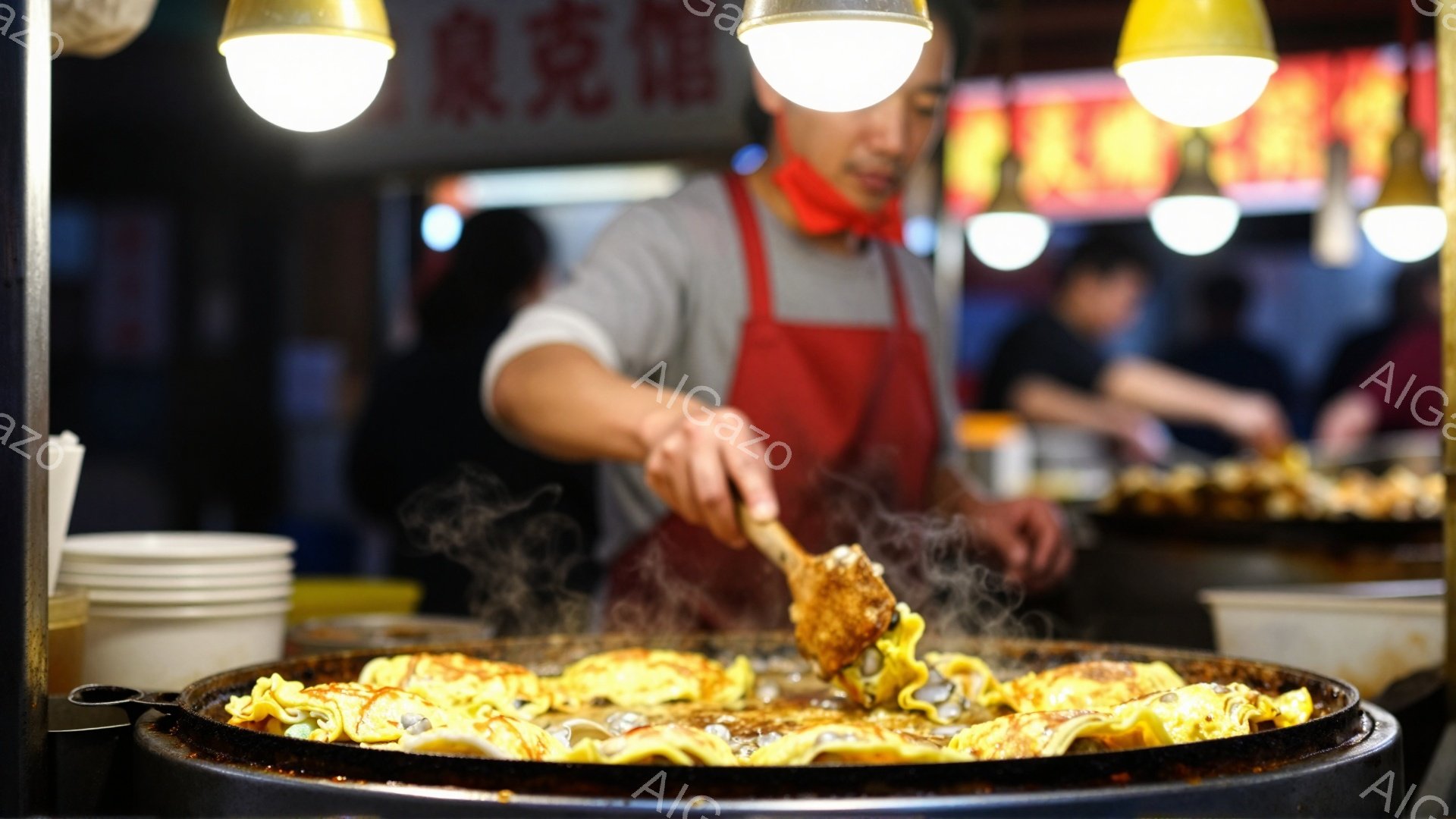 屋台の鉄板で、男性が麺料理を作っている様子が写っている。彼は赤いエプロンをつけ、髪を短く切っている。背景には他の人々や屋台の装飾が見え、活気のある夜の屋台街の雰囲気が伝わってくる。