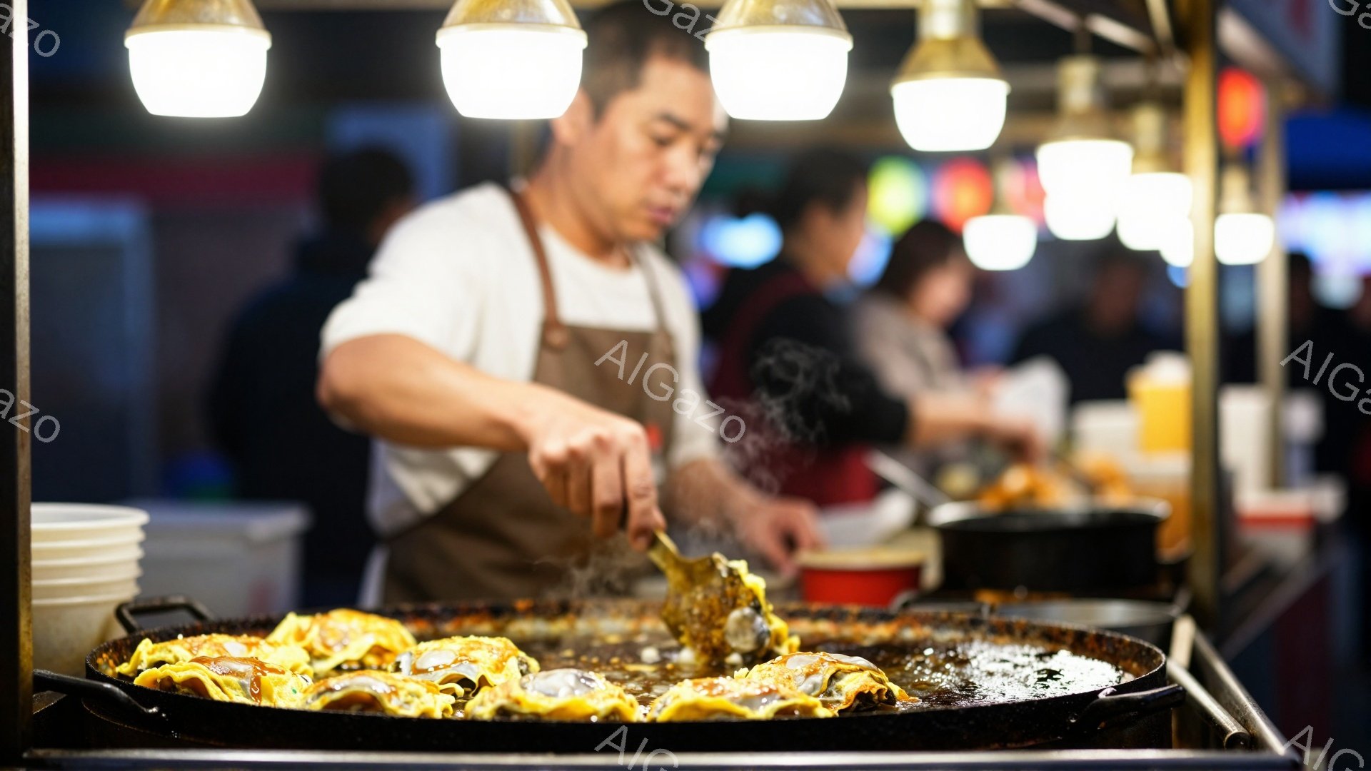 屋台でたこ焼きを作る男性が写っている。彼は白シャツにエプロンを着用し、真剣な表情で鉄板のたこ焼きをひっくり返している。背景には他の屋台の客や照明がぼやけて写り、活気のある屋台の雰囲気が伝わってくる。