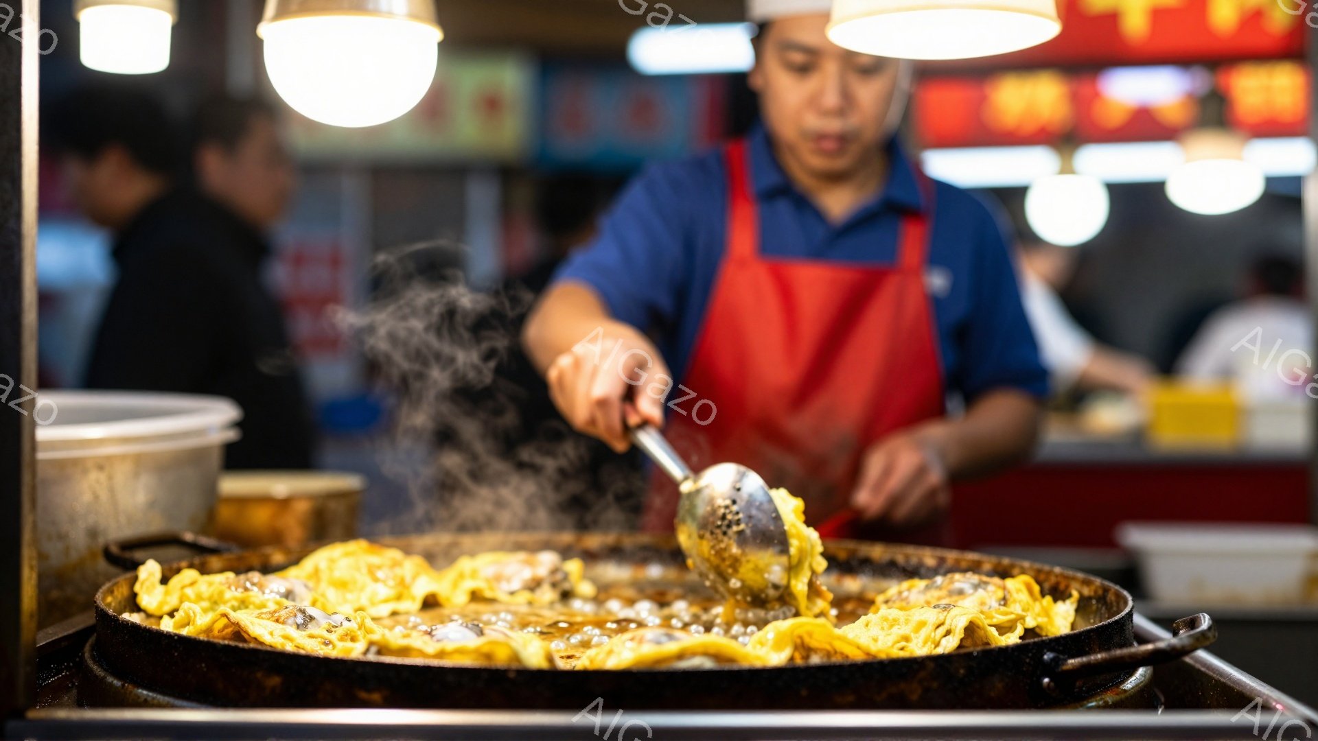 屋台で料理を作る男性が写っています。彼は青いシャツに赤いエプロンを着け、白い帽子を被っています。大きな鉄板の上で何かを炒めており、湯気が立ち込めています。
