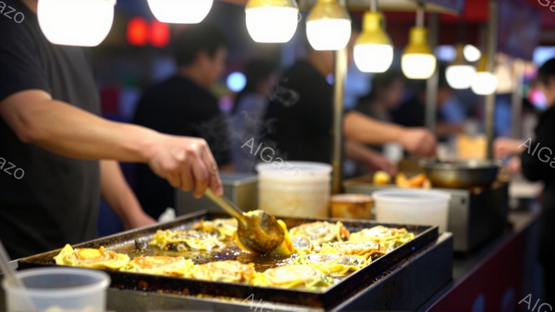 屋台でたこ焼きが焼かれている様子が写っている。男性が黒いTシャツを着ており、フライパンでたこ焼きをひっくり返す作業をしている。背景には他の人々や調理器具が見え、賑やかな屋台の雰囲気が伝わってくる。