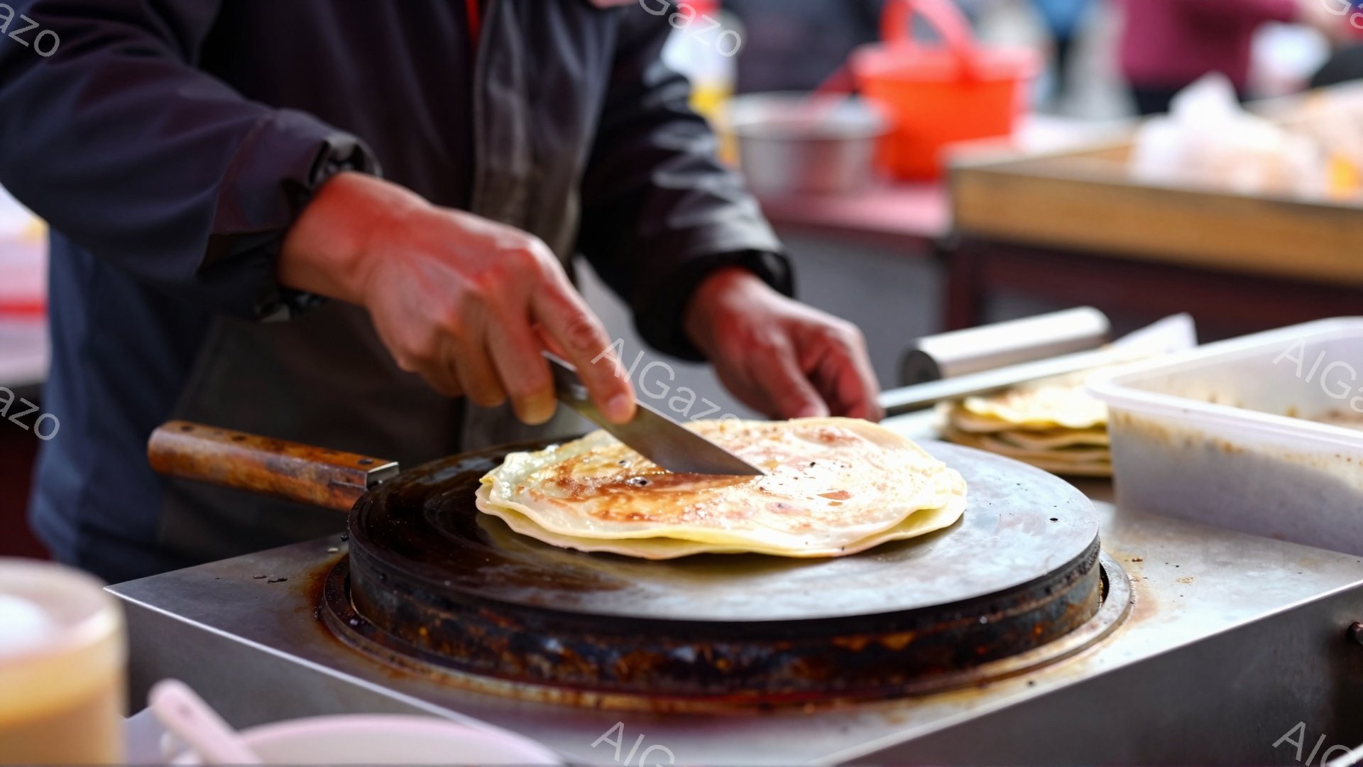 鉄板の上で薄いパンケーキのような食べ物が焼かれており、男性がナイフを使ってそれをカットしている様子が写っている。男性は黒いエプロンと長袖のシャツを着ており、調理に集中している。背景にはプラスチックの容器や他の調理器具がぼやけて見え、屋台のような賑やかな雰囲気が感じられる。