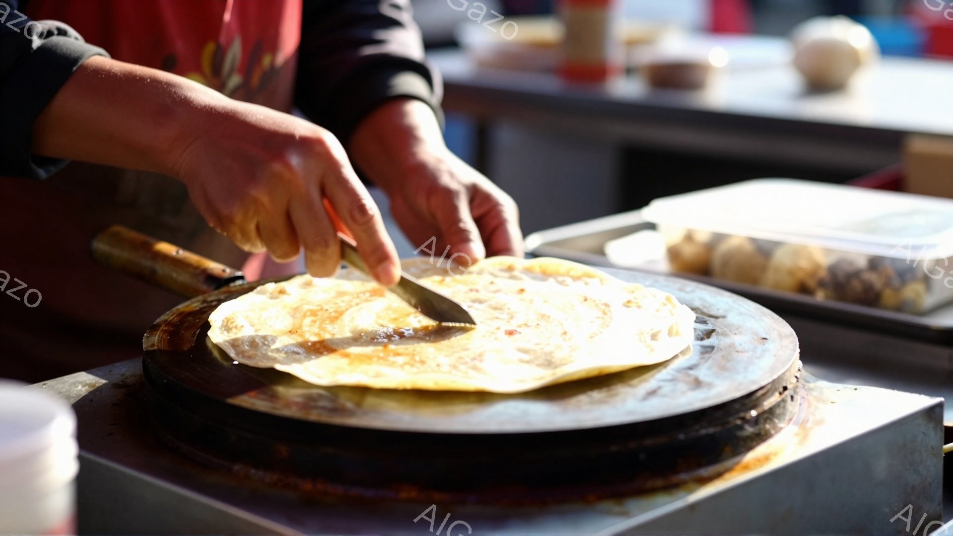 鉄板の上で薄いクレープのようなものが焼かれており、男性がナイフを使ってそれを切り分けている様子が写っている。背景には、食品が入った容器や調理器具が見え、屋台のような場所で調理していることがわかる。全体的に、活気があり、食欲をそそる雰囲気である。