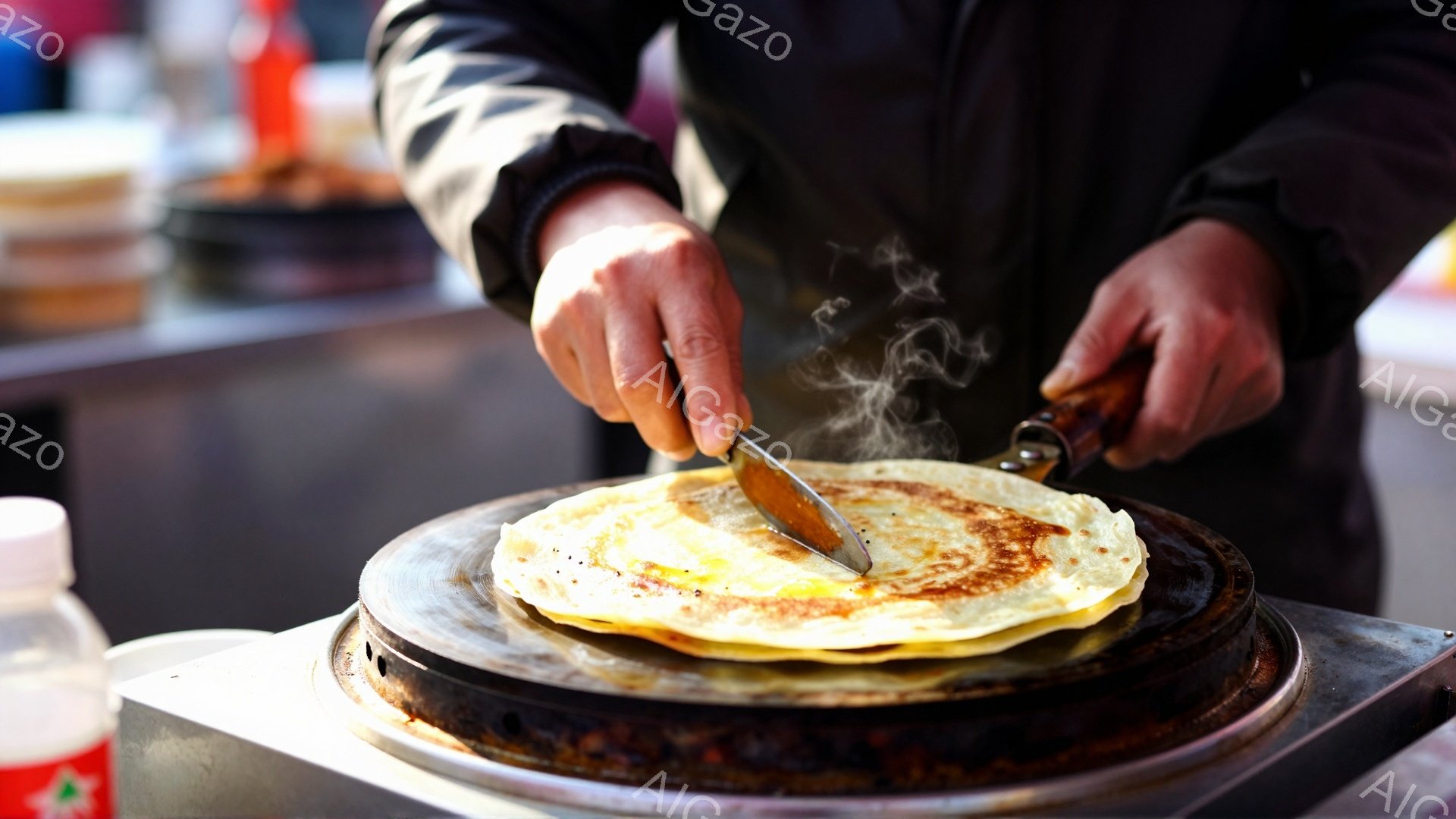 鉄板の上でクレープのようなものが焼かれており、男性がナイフでそれを切り分けている様子が写っている。男性は黒いジャケットを着ており、調理に集中しているため表情ははっきりとは見えない。背景には調理器具やその他の食品が見え、屋台のような賑やかな雰囲気を感じさせる。