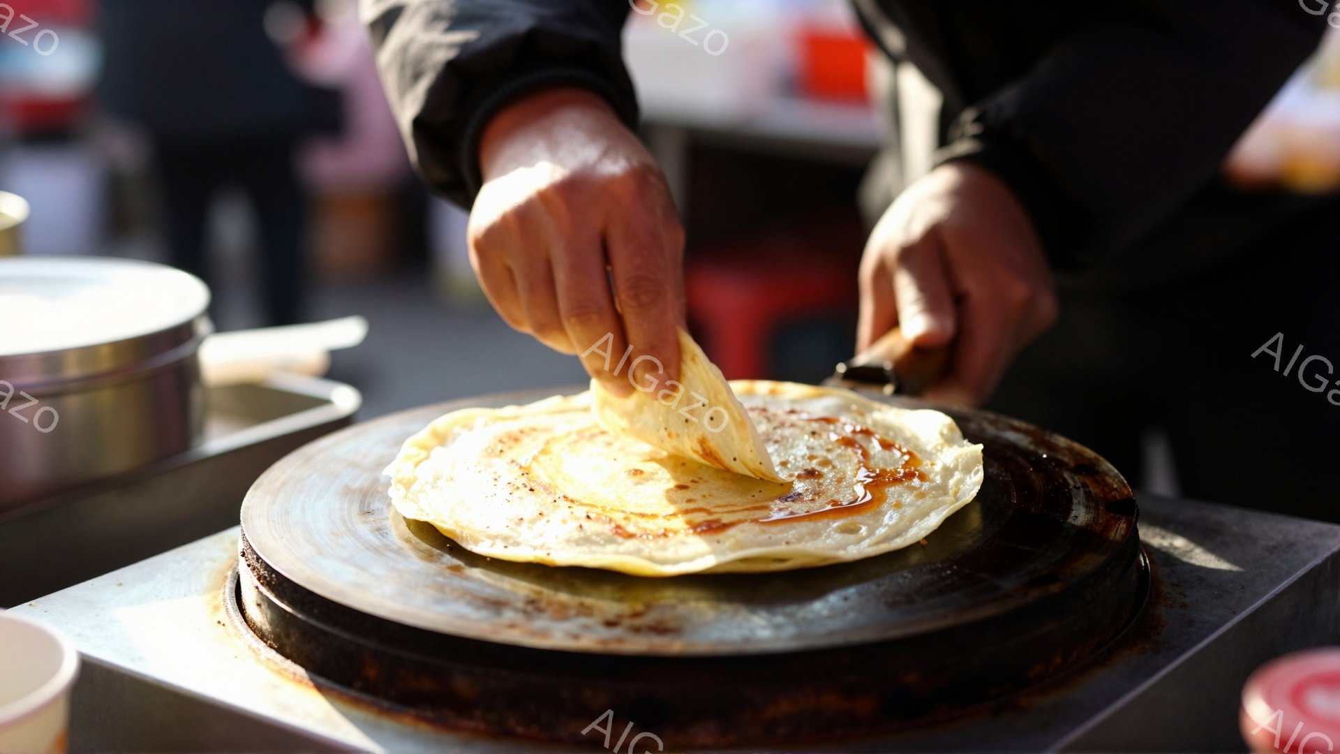 薄い生地が鉄板の上で調理されている様子が捉えられています。片手で生地を持ち上げ、もう片手で何かを塗り、調理している手が写っています。背景には調理器具が見え、屋台のような賑やかな雰囲気を感じさせます。
