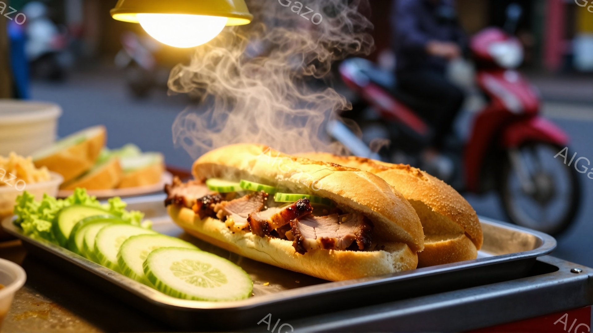 焼きあがったバインミーが金属製のトレーに並べられており、湯気が立ち上っている。背景には、緑色のキュウリのスライスとオレンジ色のフルーツが盛り付けられた容器が見え、手前にバインミーが置かれている。背景はぼやけており、街の風景とバイクがわずかに見えるが、焦点はバインミーの美味しさを強調している。