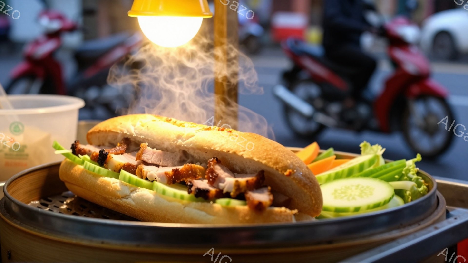 熱々のバインミーが、蒸し器のような竹製の皿に盛られています。豚肉のスライス、キュウリ、人参などの具材が挟まっており、湯気が立ち上っています。背景には、赤いバイクがぼやけて写っており、屋台の賑やかな雰囲気が感じられます。