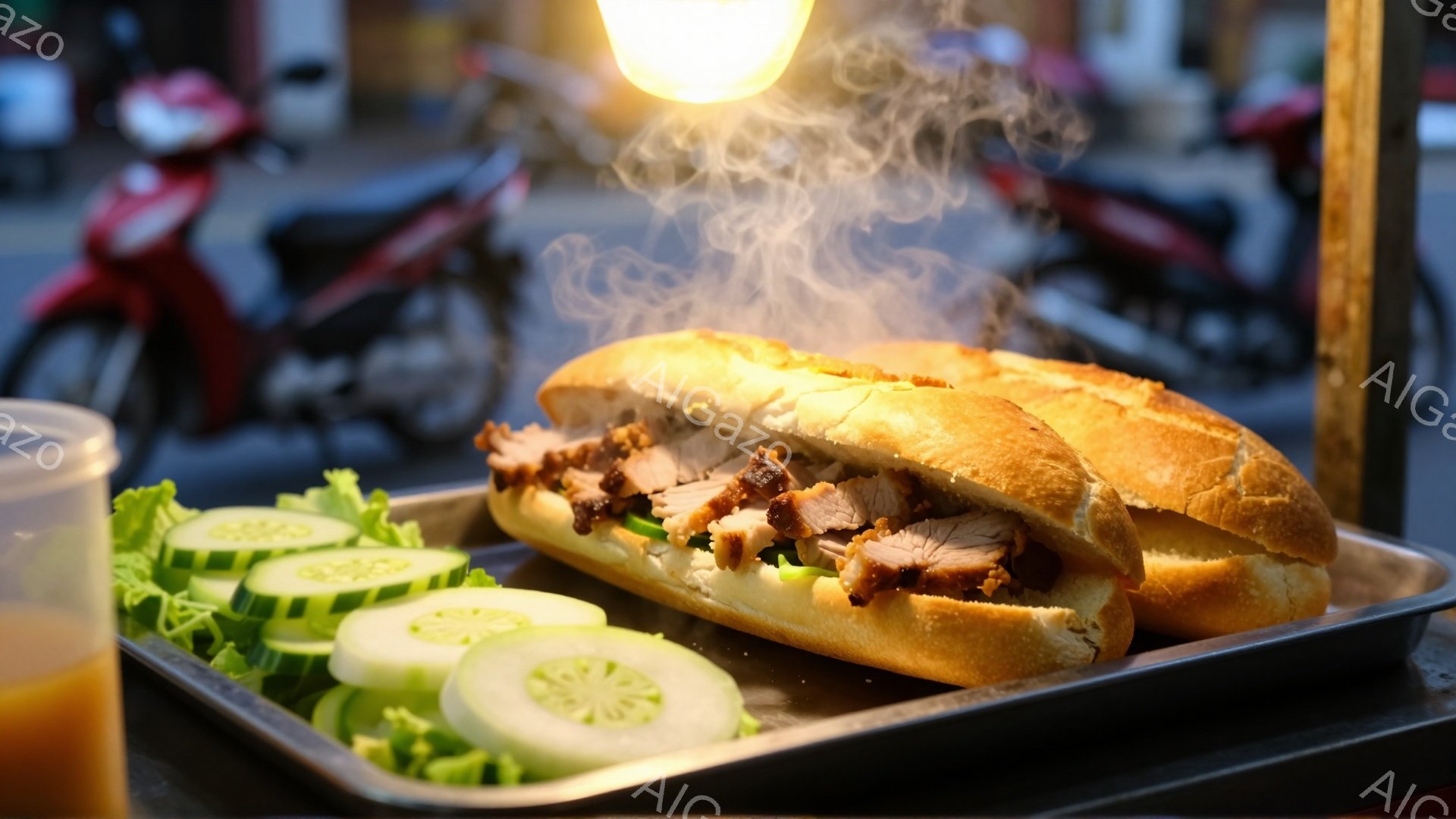 バインミーが金属製のトレイに並べられ、湯気が立ち上っている様子が捉えられています。背景にはぼやけたバイクがいくつか見え、鮮やかなオレンジジュースとスライスされたキュウリが添えられています。全体的に、屋台で提供される温かい料理の、活気のあるストリートフードの雰囲気が感じられます。